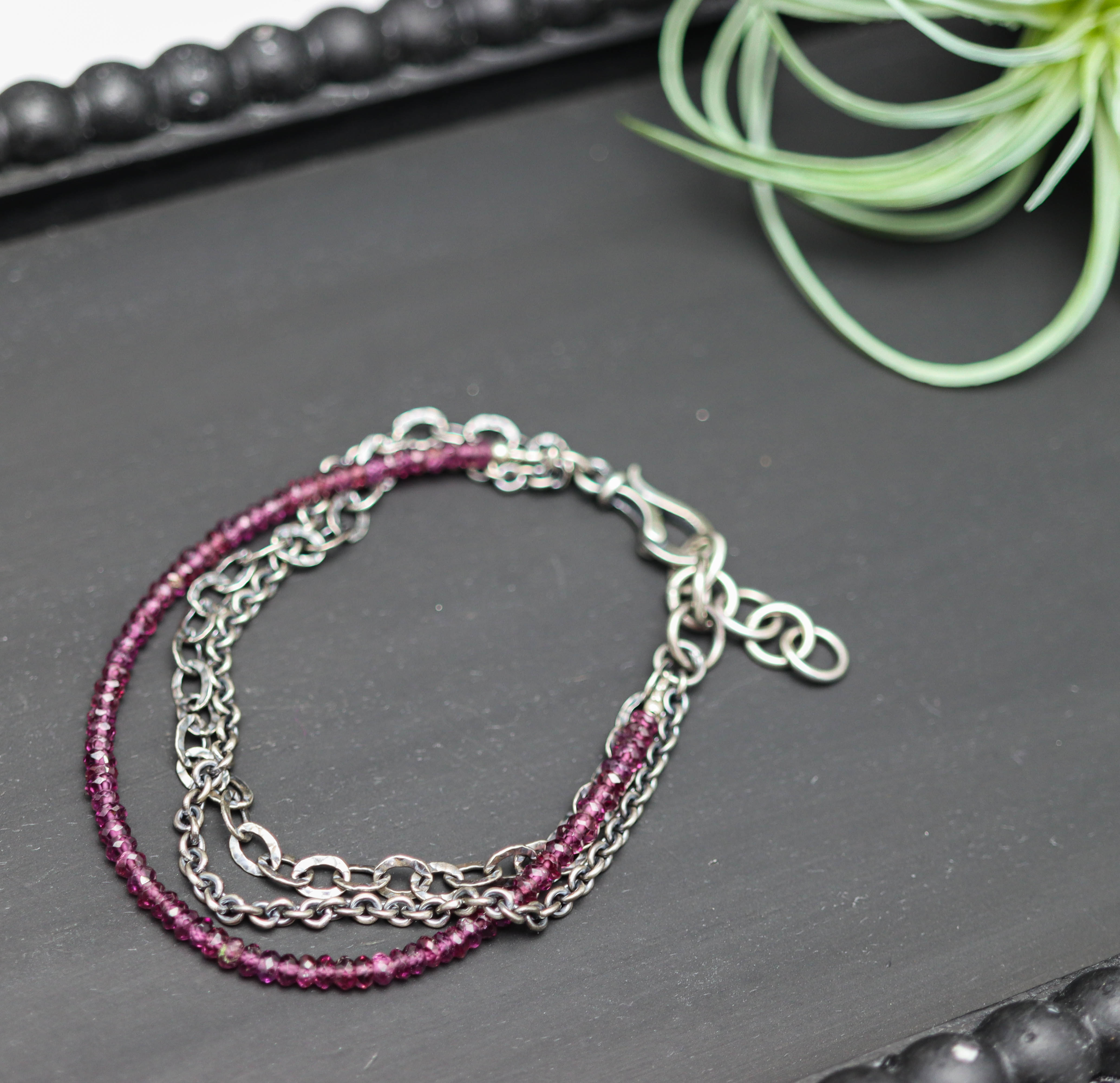 Grape Garnet Multi Strand Bracelet Sterling Silver