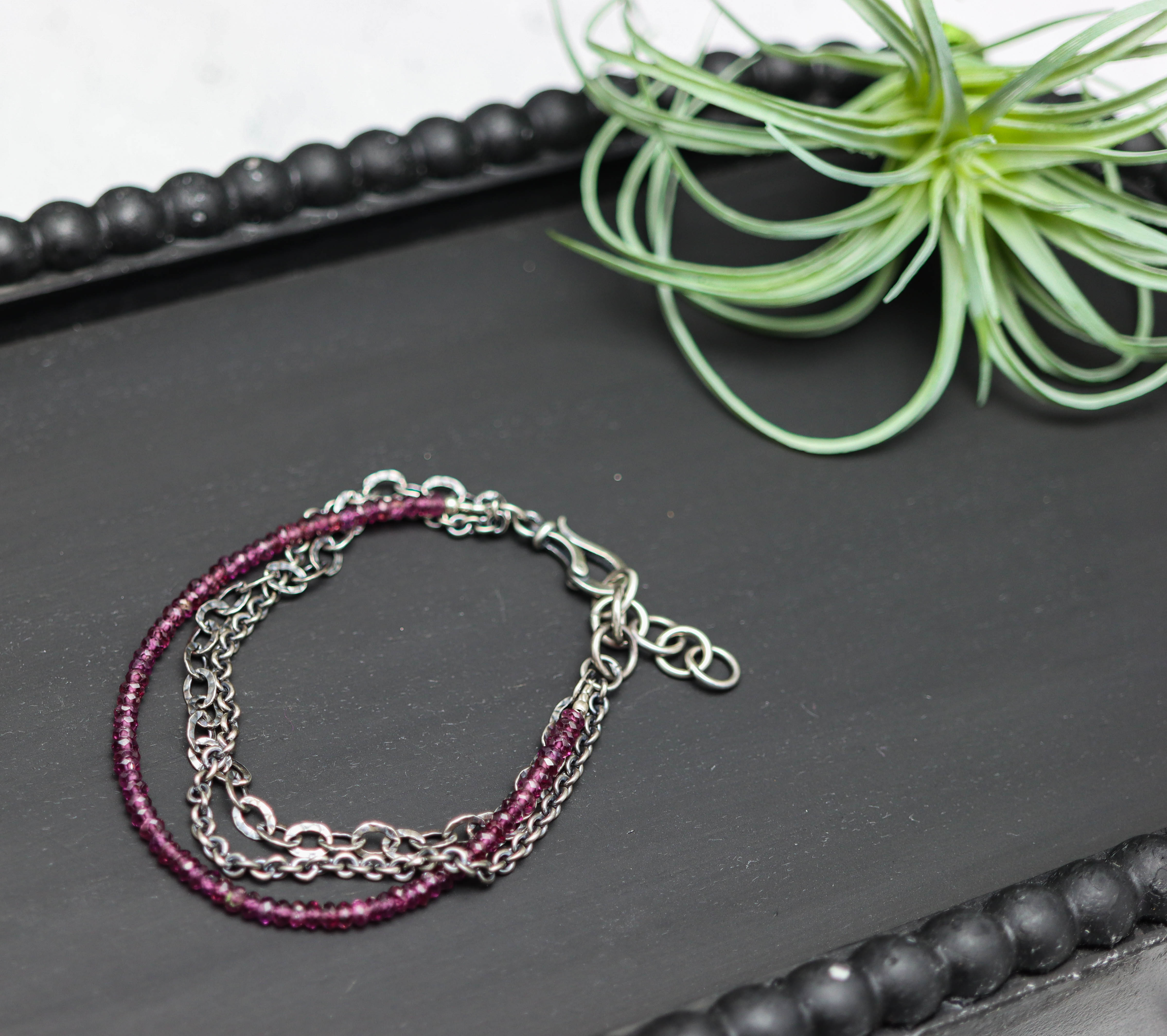 Grape Garnet Multi Strand Bracelet Sterling Silver