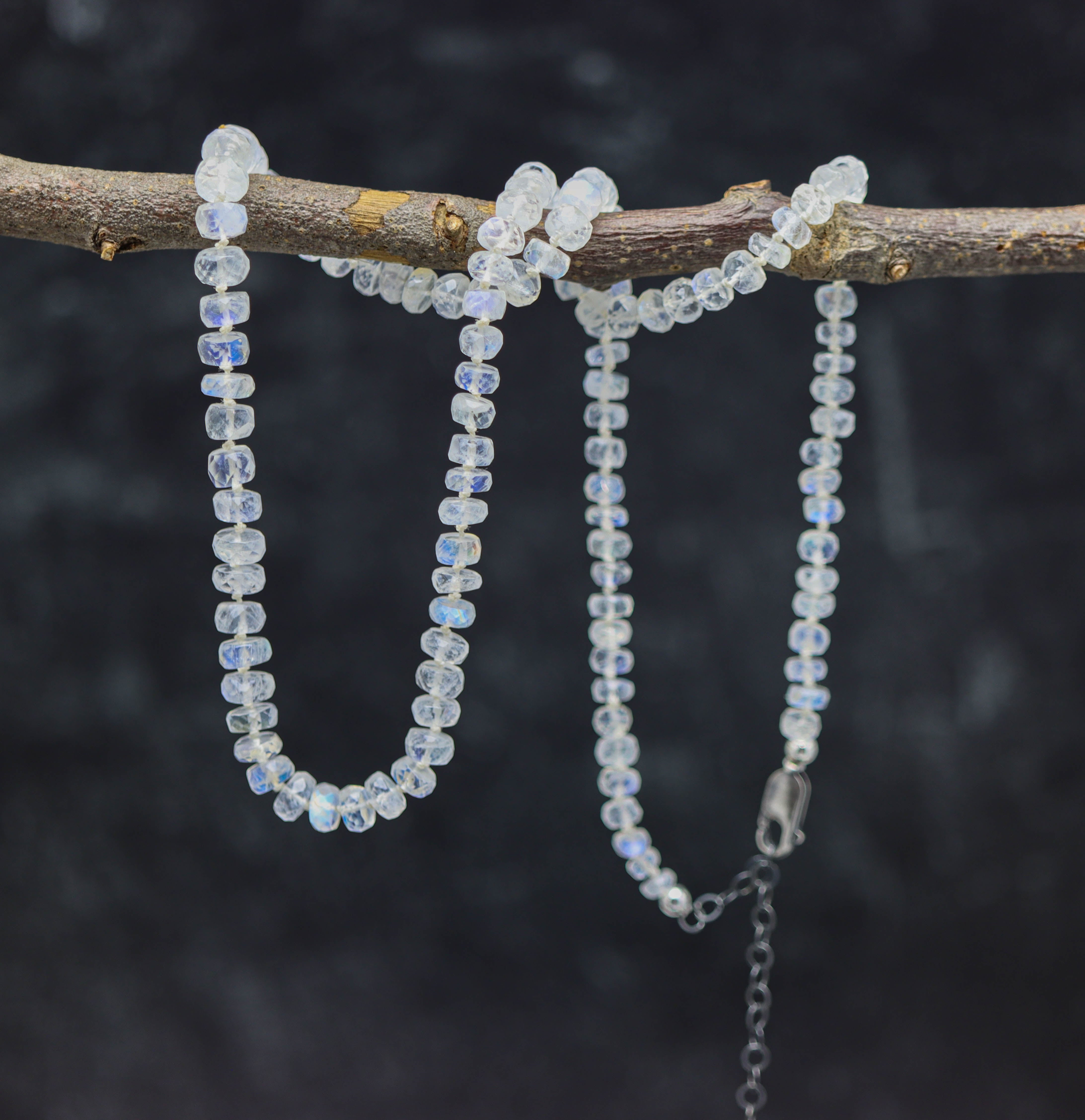 Rainbow Moonstone Hand Knotted Bead Necklace Sterling Silver