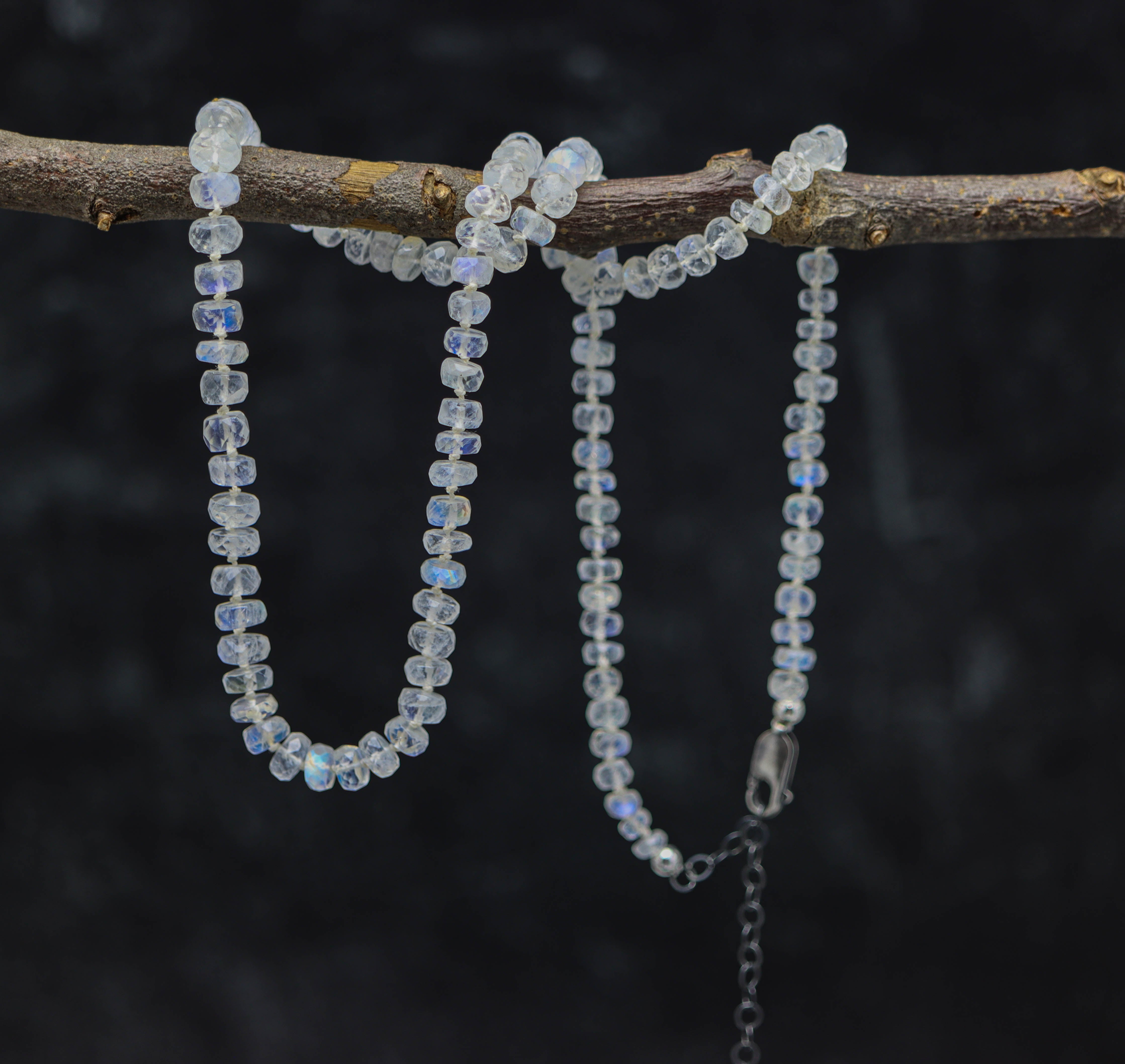 Rainbow Moonstone Hand Knotted Bead Necklace Sterling Silver