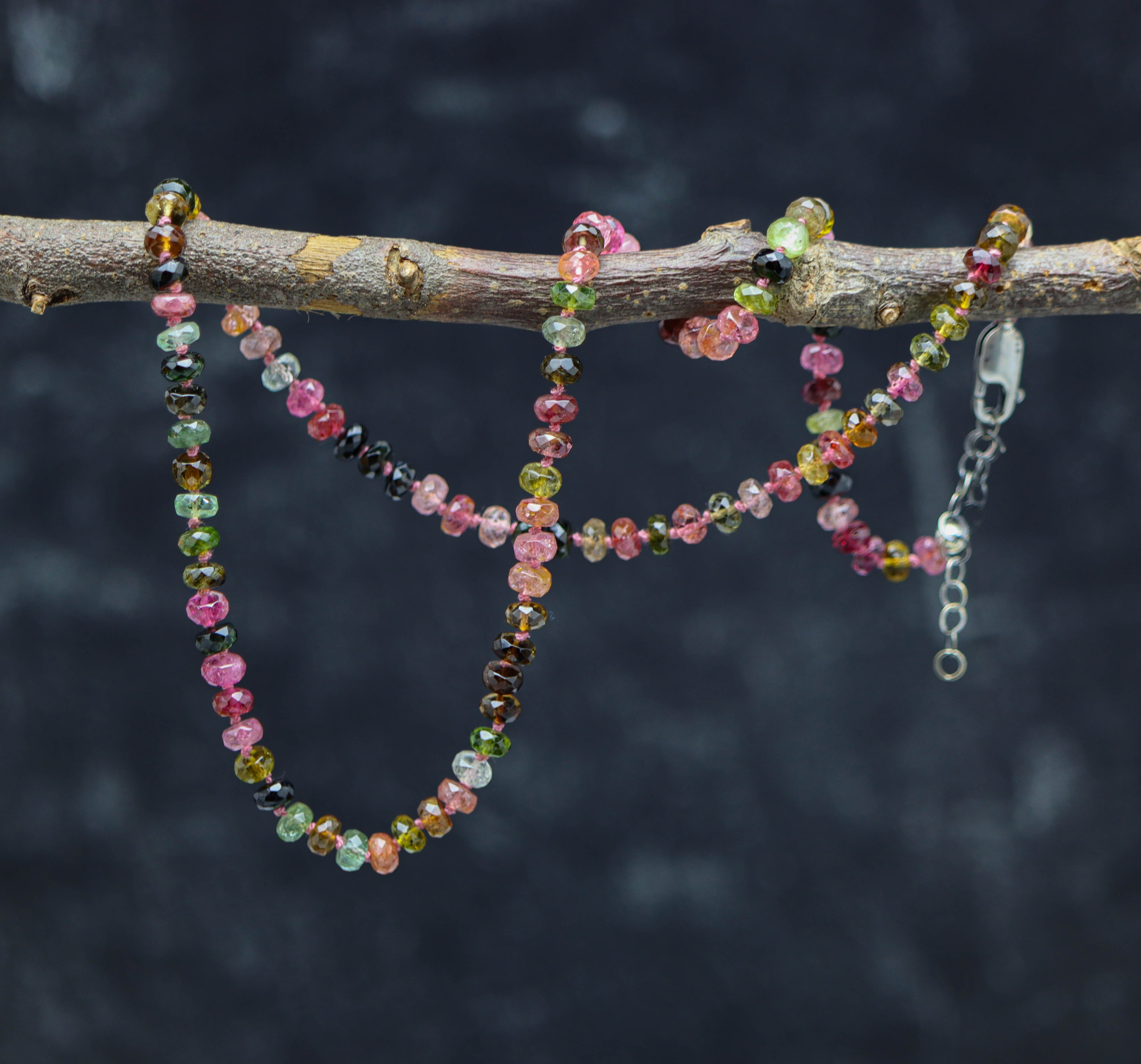 Multi Colored Tourmaline Hand Knotted Bead Necklace Sterling Silver 23 Inches