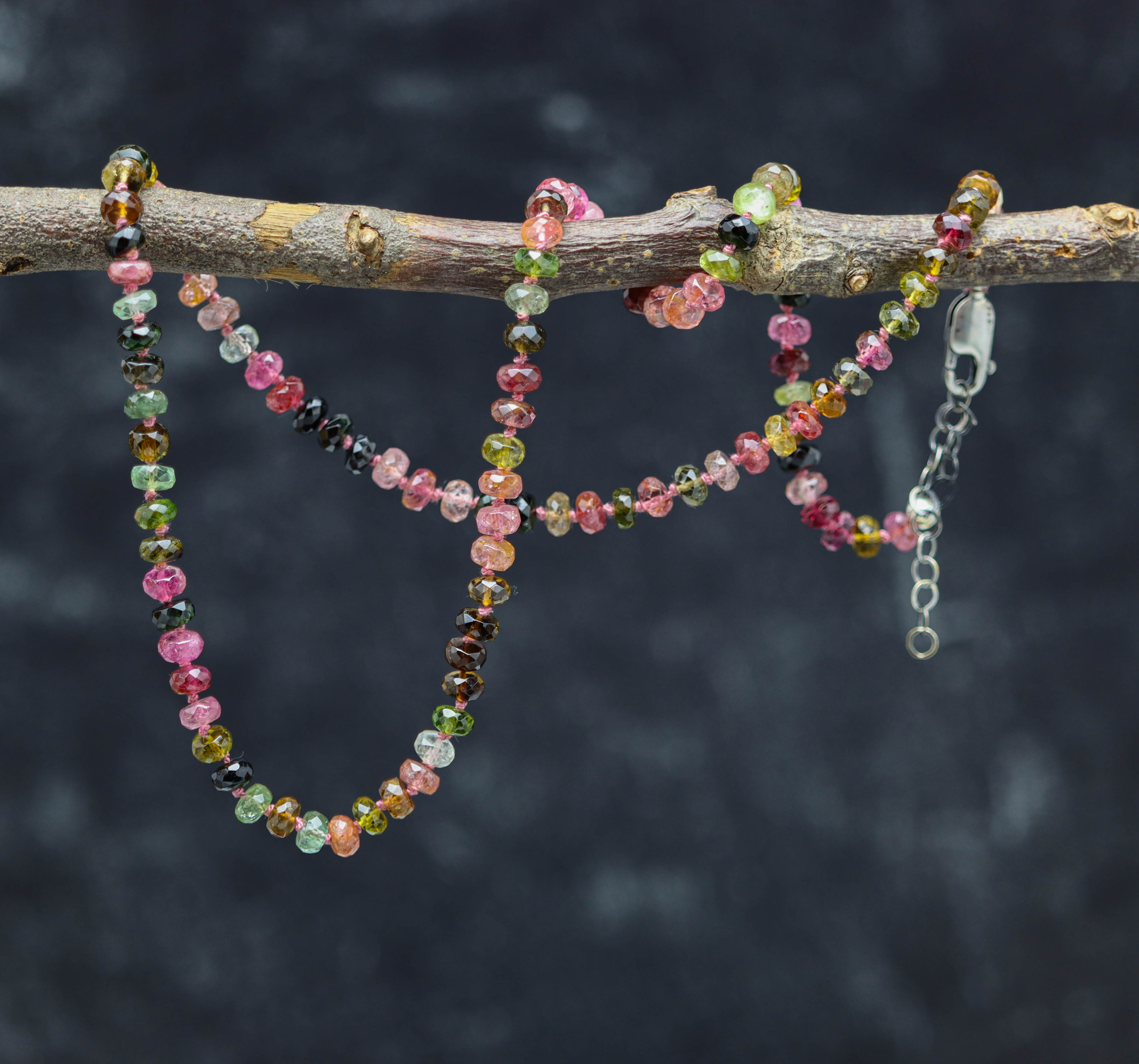 Multi Colored Tourmaline Hand Knotted Bead Necklace Sterling Silver 23 Inches