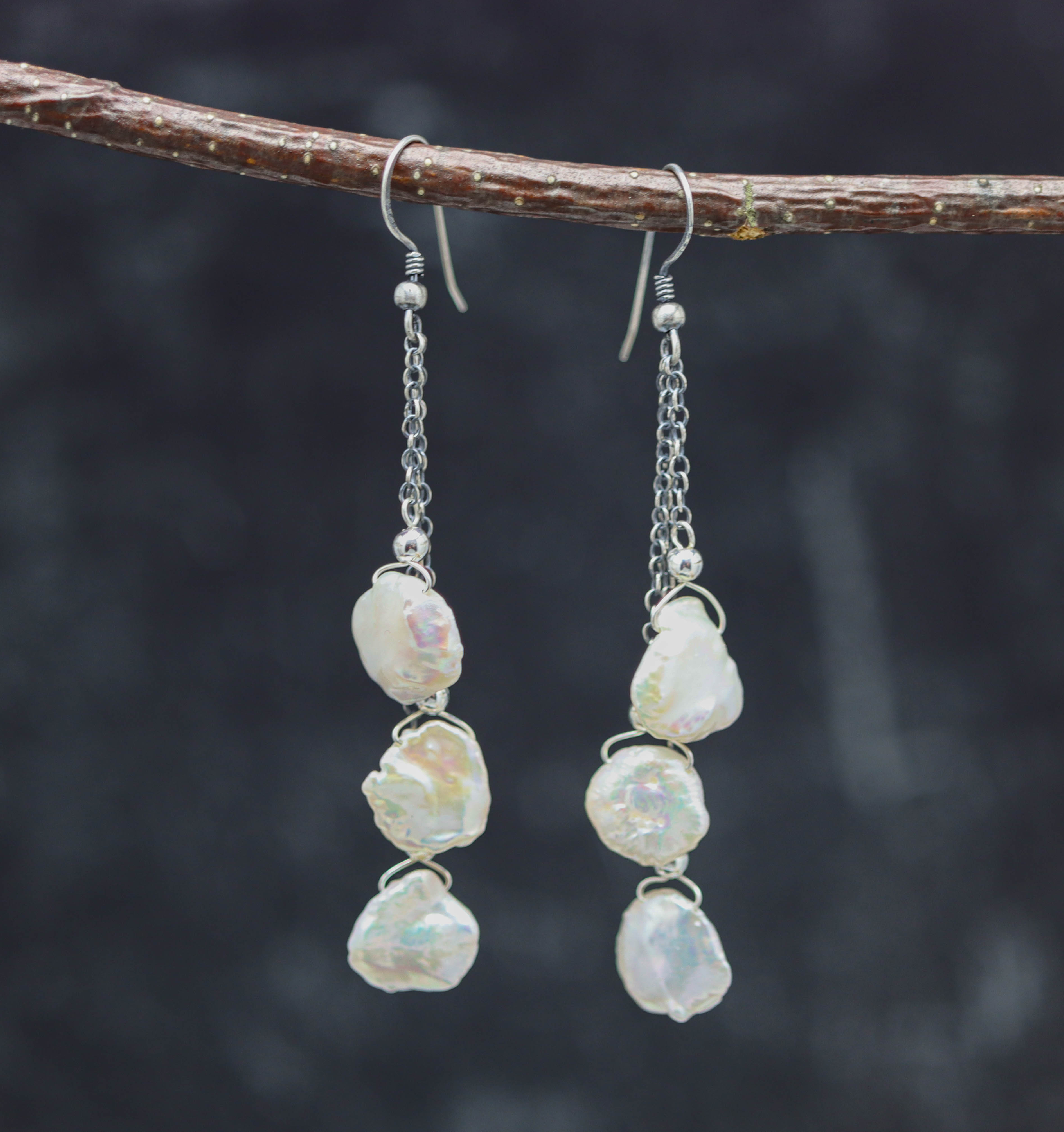 White Cornflake Pearl Dangle Earrings Sterling Silver