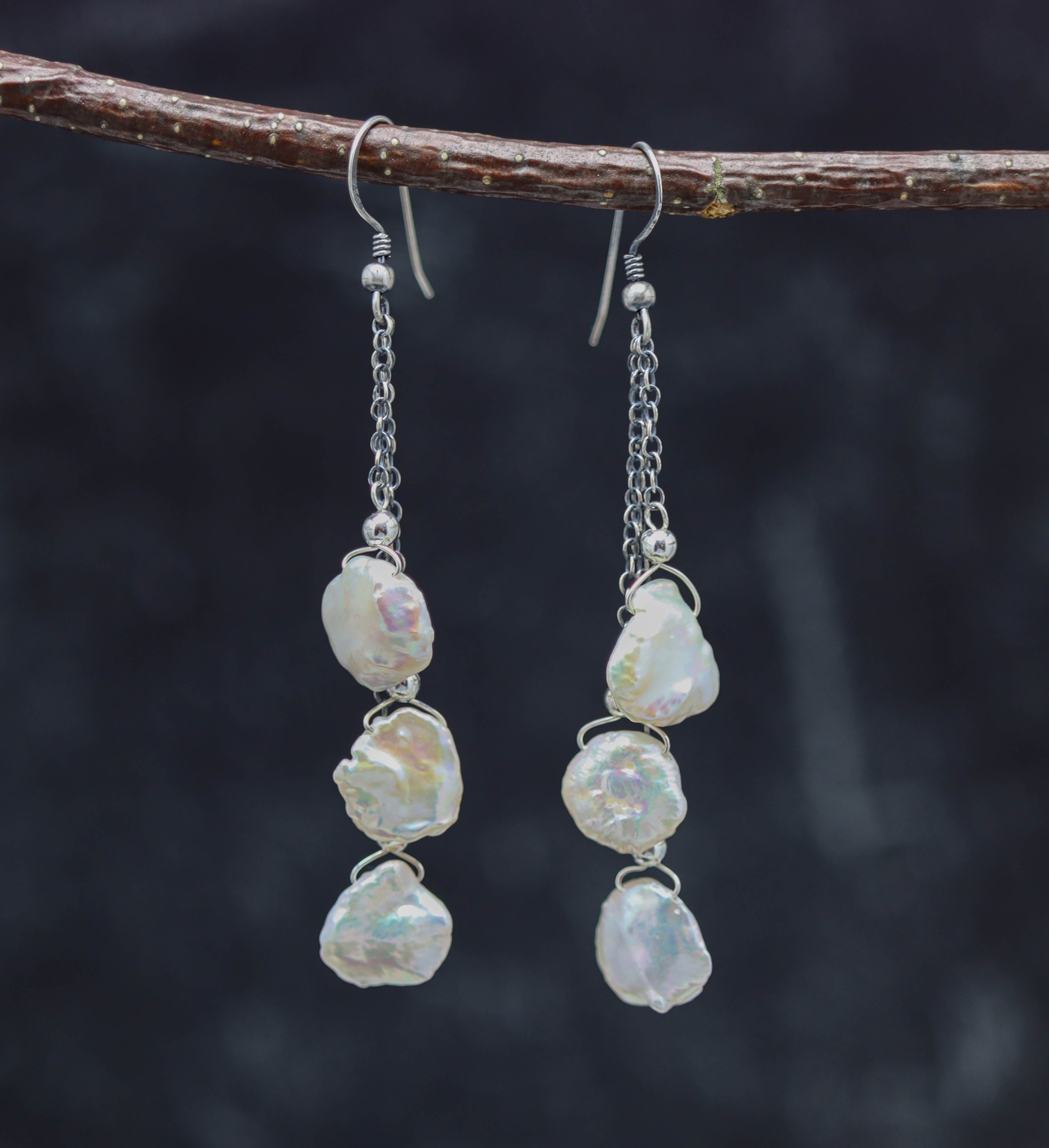 White Cornflake Pearl Dangle Earrings Sterling Silver