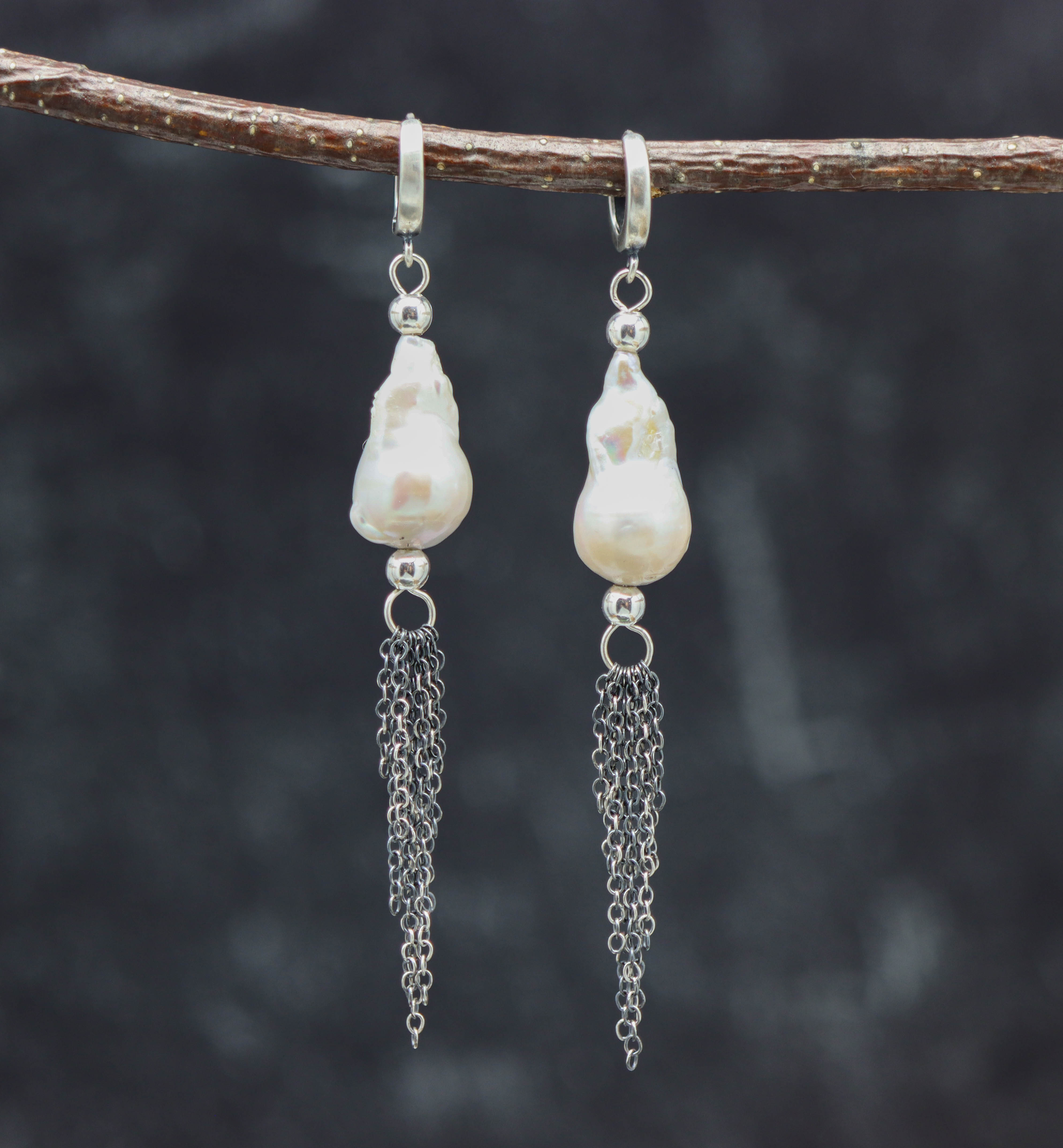 Baroque Pearl Dangle Fringe Earrings Sterling Silver