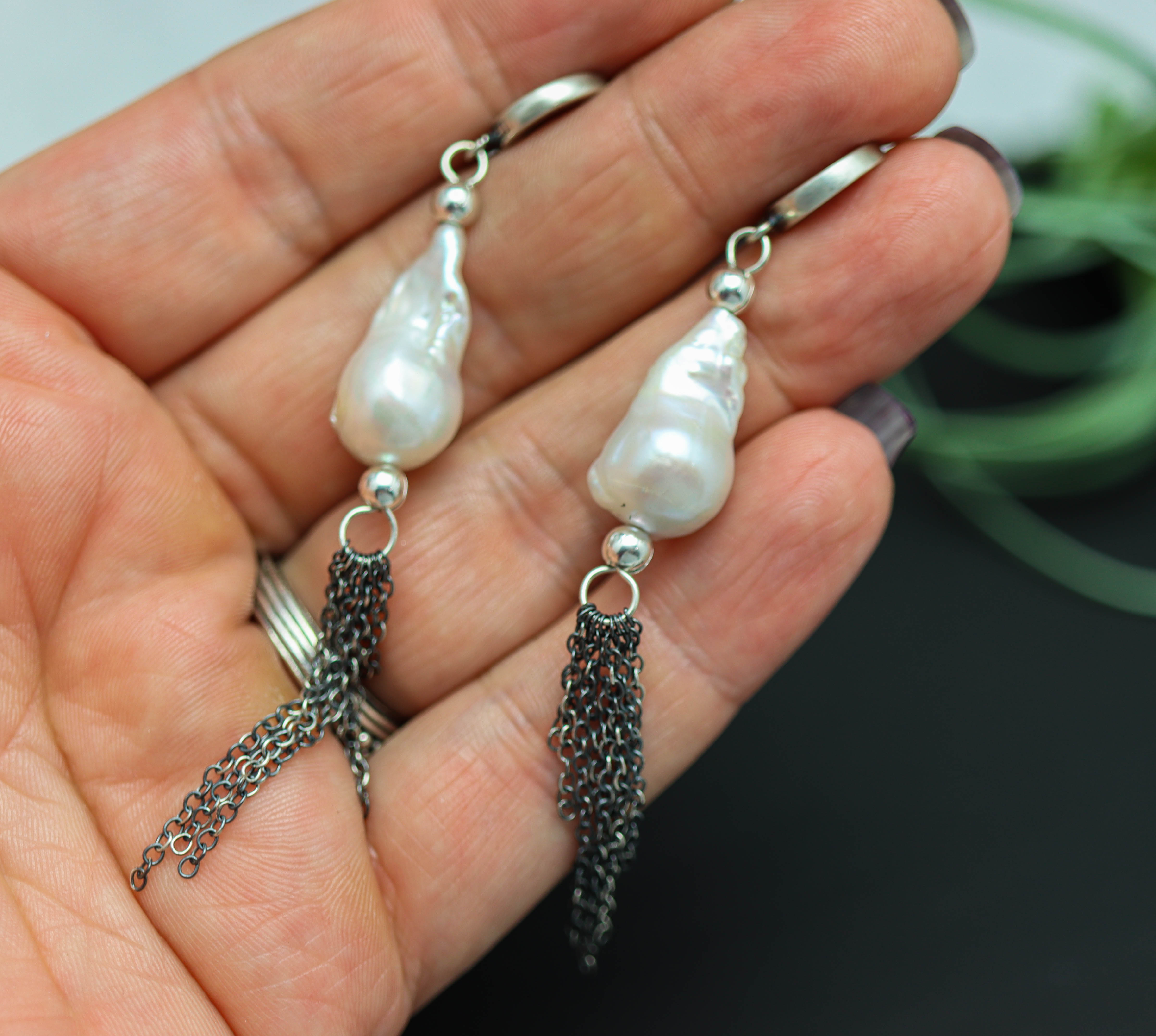 Baroque Pearl Dangle Fringe Earrings Sterling Silver