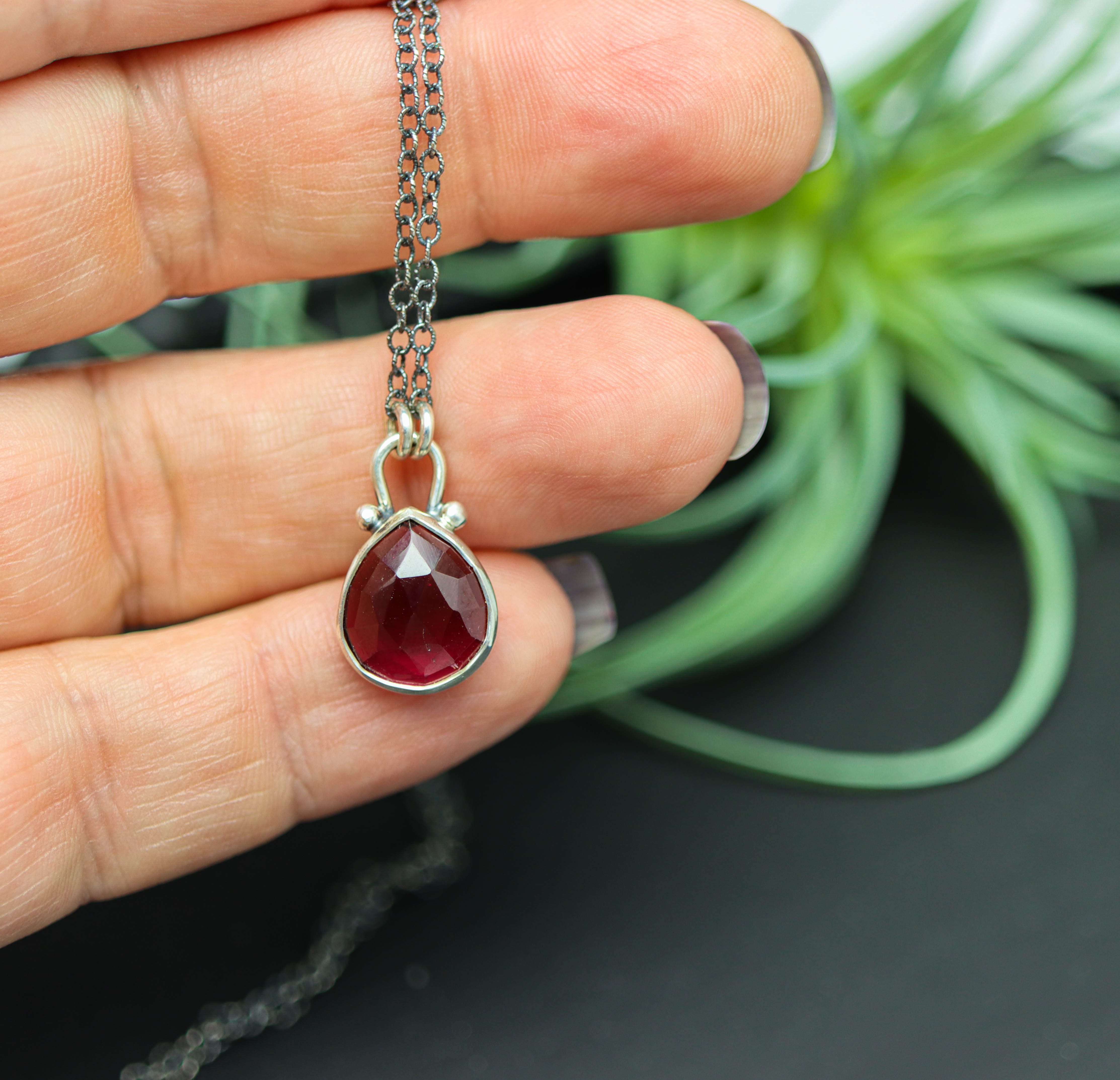 Garnet Pendant Necklace Sterling Silver