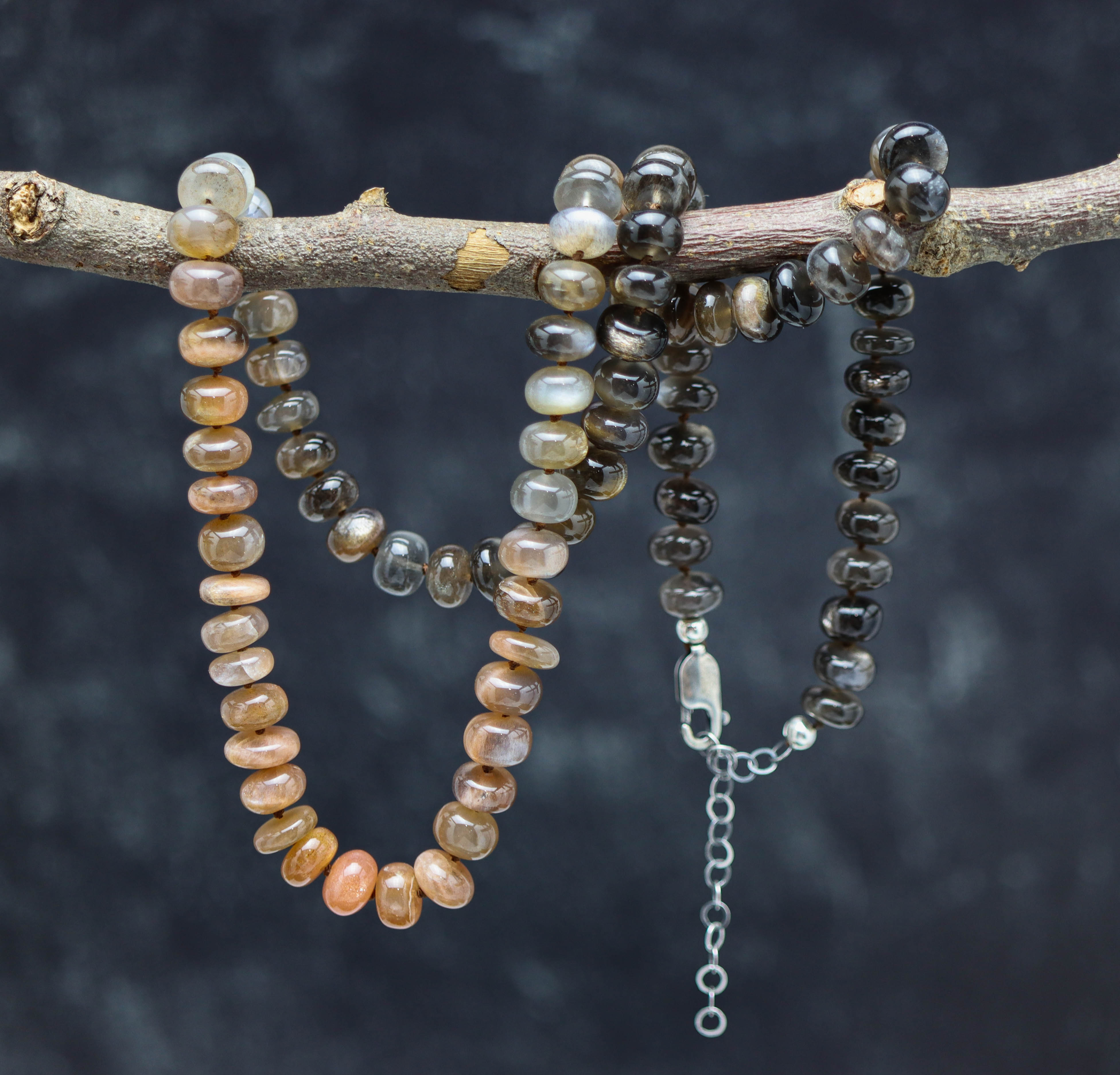 Australian Moonstone Hand Knotted Bead Necklace Sterling Silver