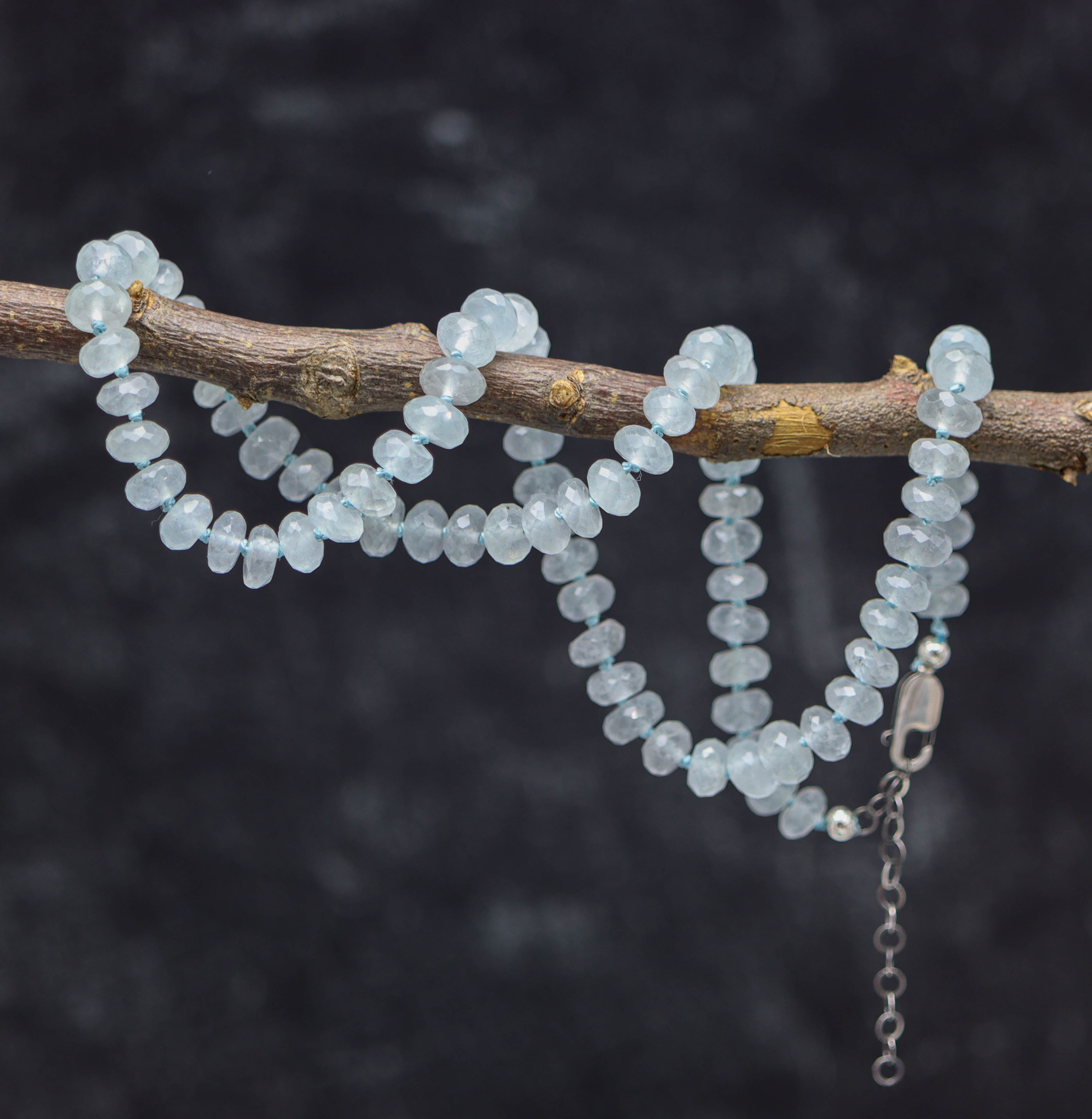 Blue Aquamarine Hand Knotted Bead Necklace Sterling Silver