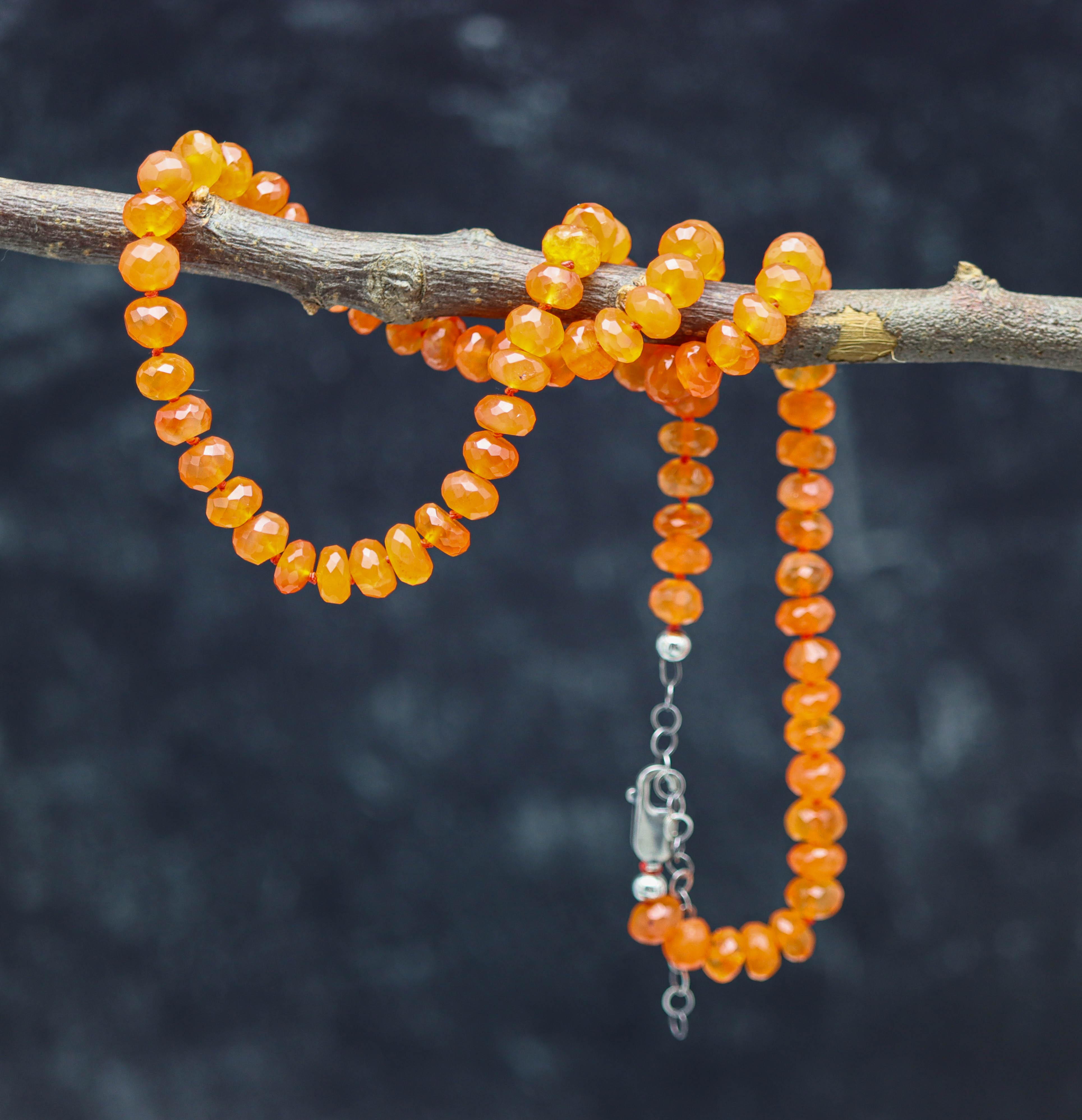 Juicy Orange Carnelian Hand Knotted Bead Necklace Sterling Silver