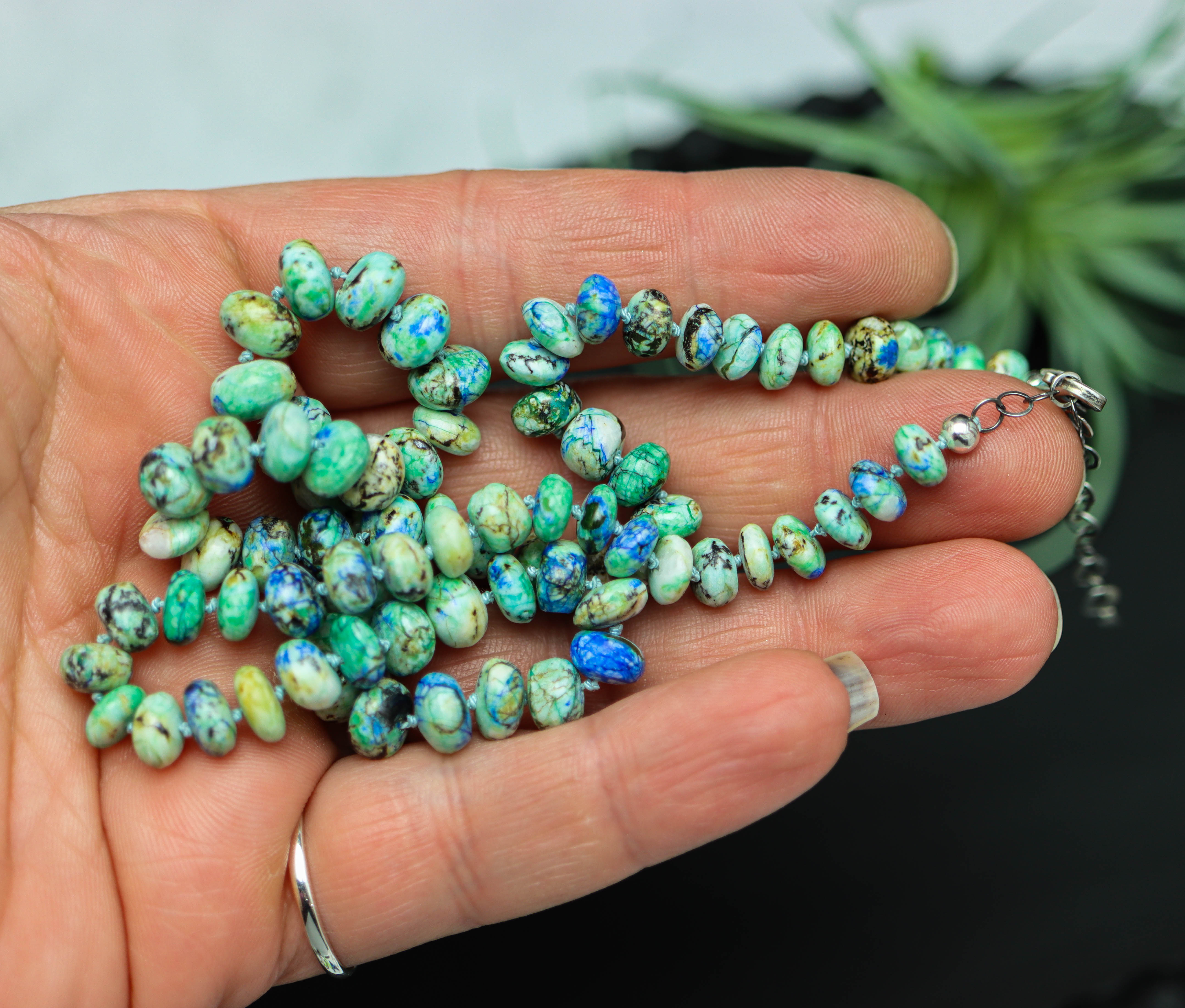 Azurite Malachite Hand Knotted Bead Necklace Sterling Silver