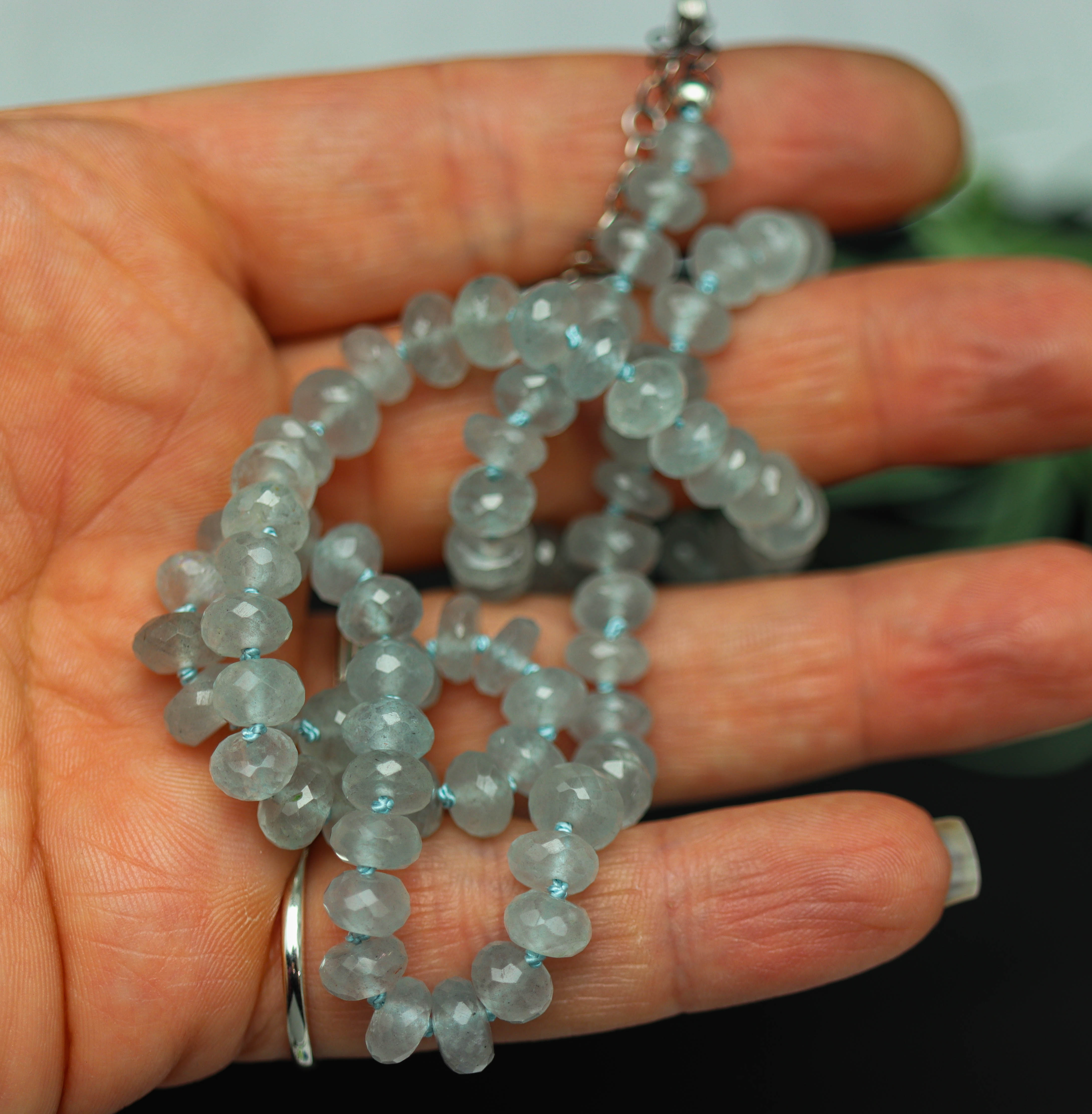 Blue Aquamarine Hand Knotted Bead Necklace Sterling Silver