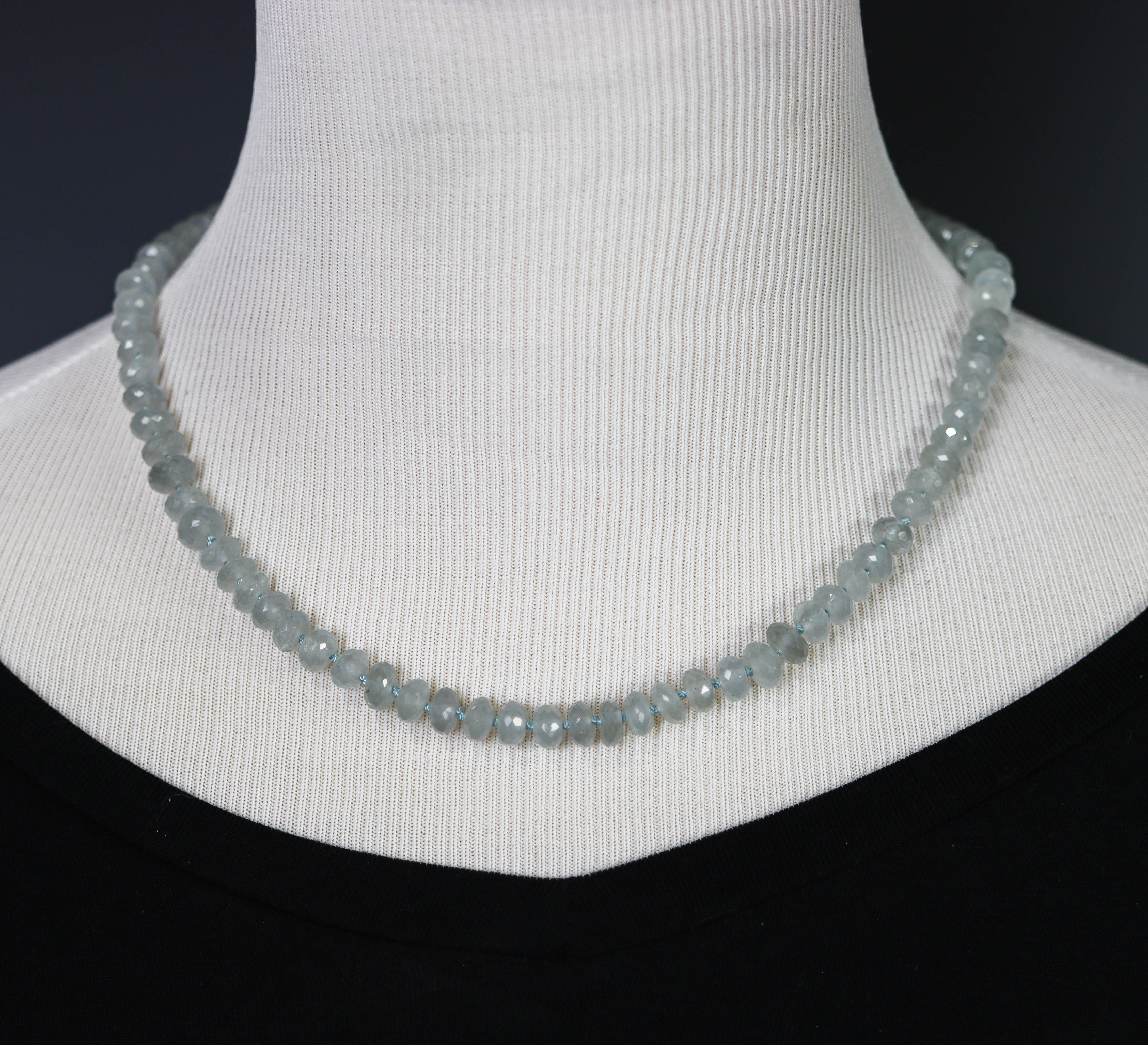 Blue Aquamarine Hand Knotted Bead Necklace Sterling Silver