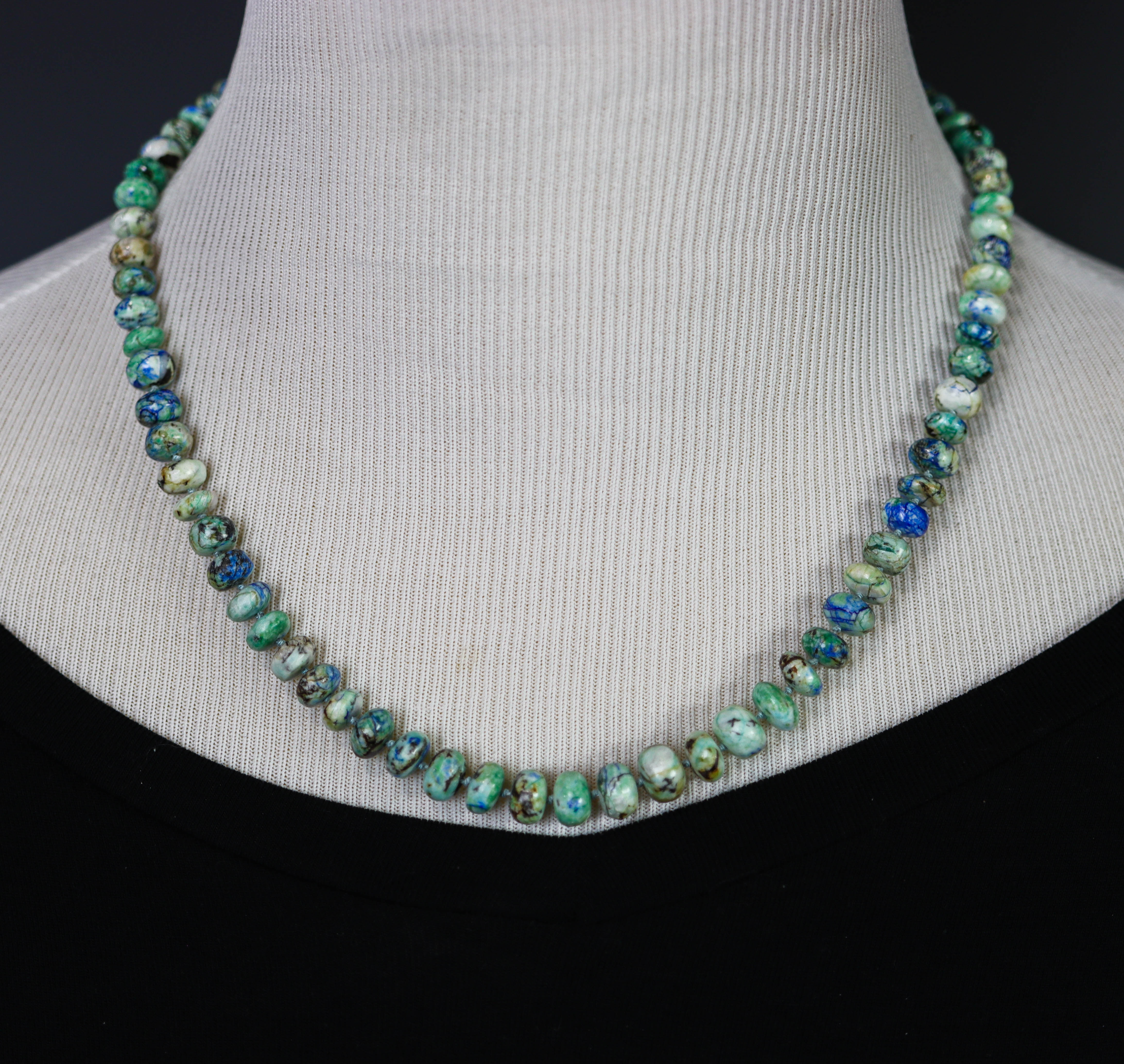 Azurite Malachite Hand Knotted Bead Necklace Sterling Silver