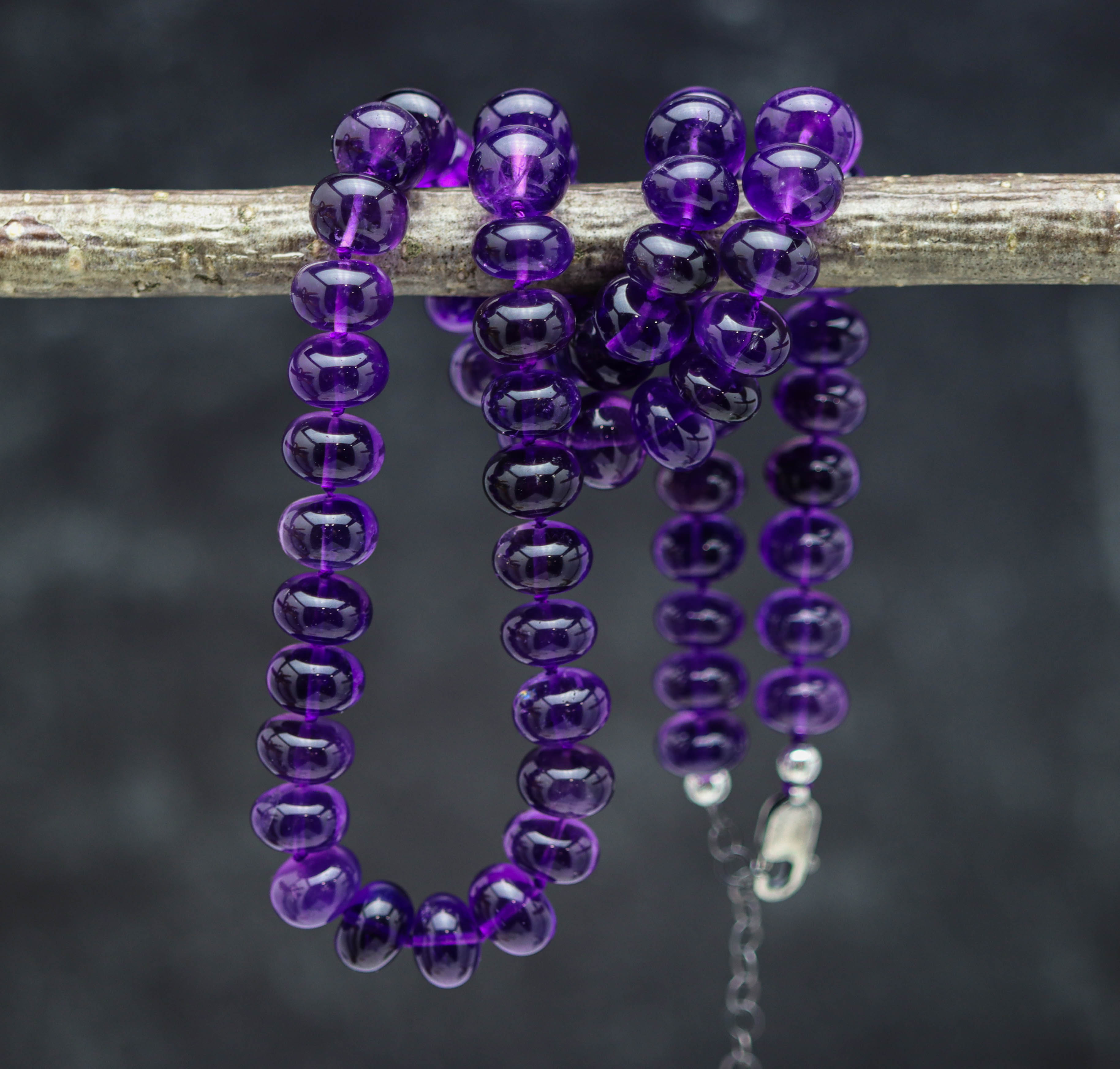 Amethyst Hand Knotted Bead Necklace Sterling Silver