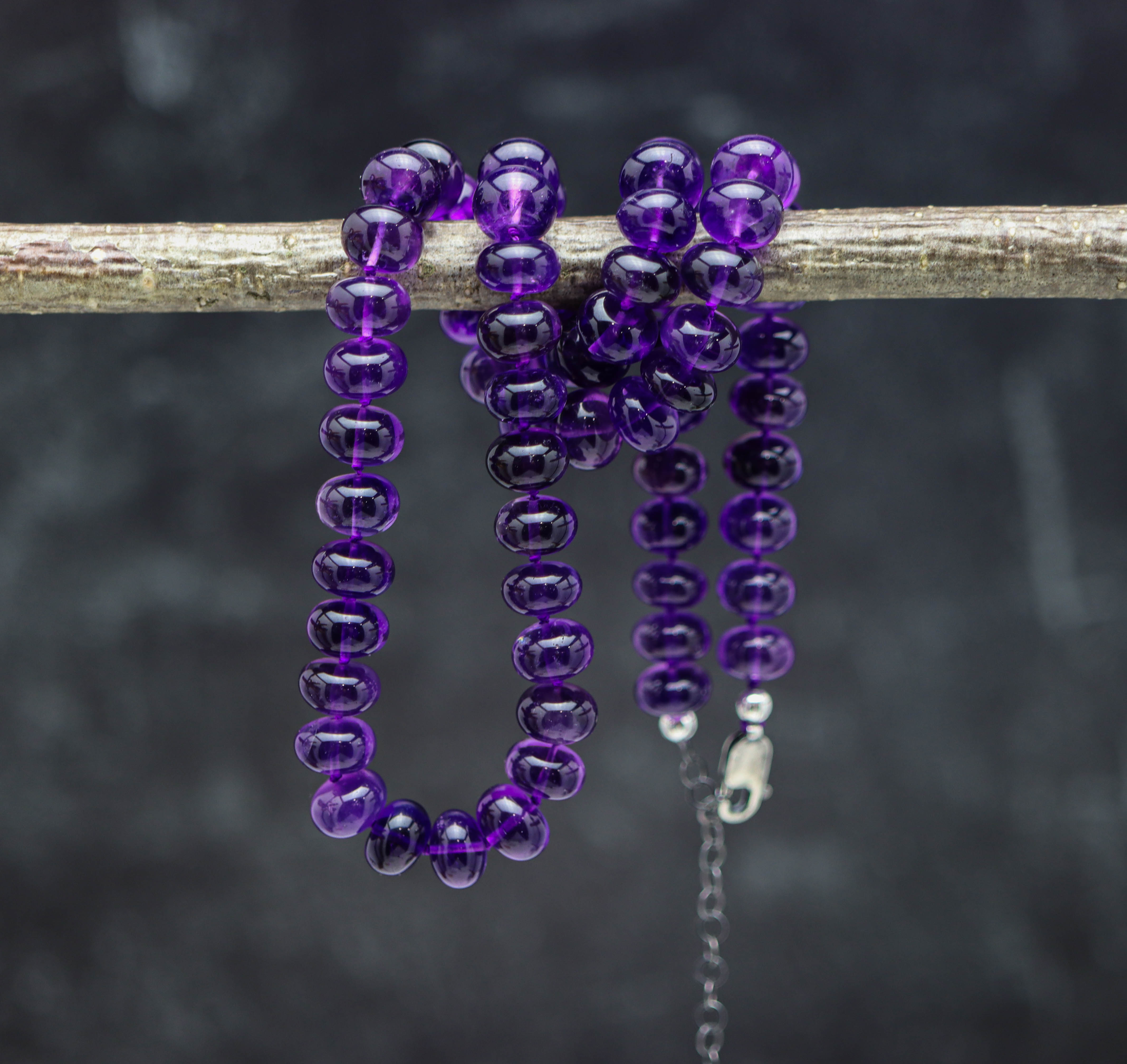 Amethyst Hand Knotted Bead Necklace Sterling Silver