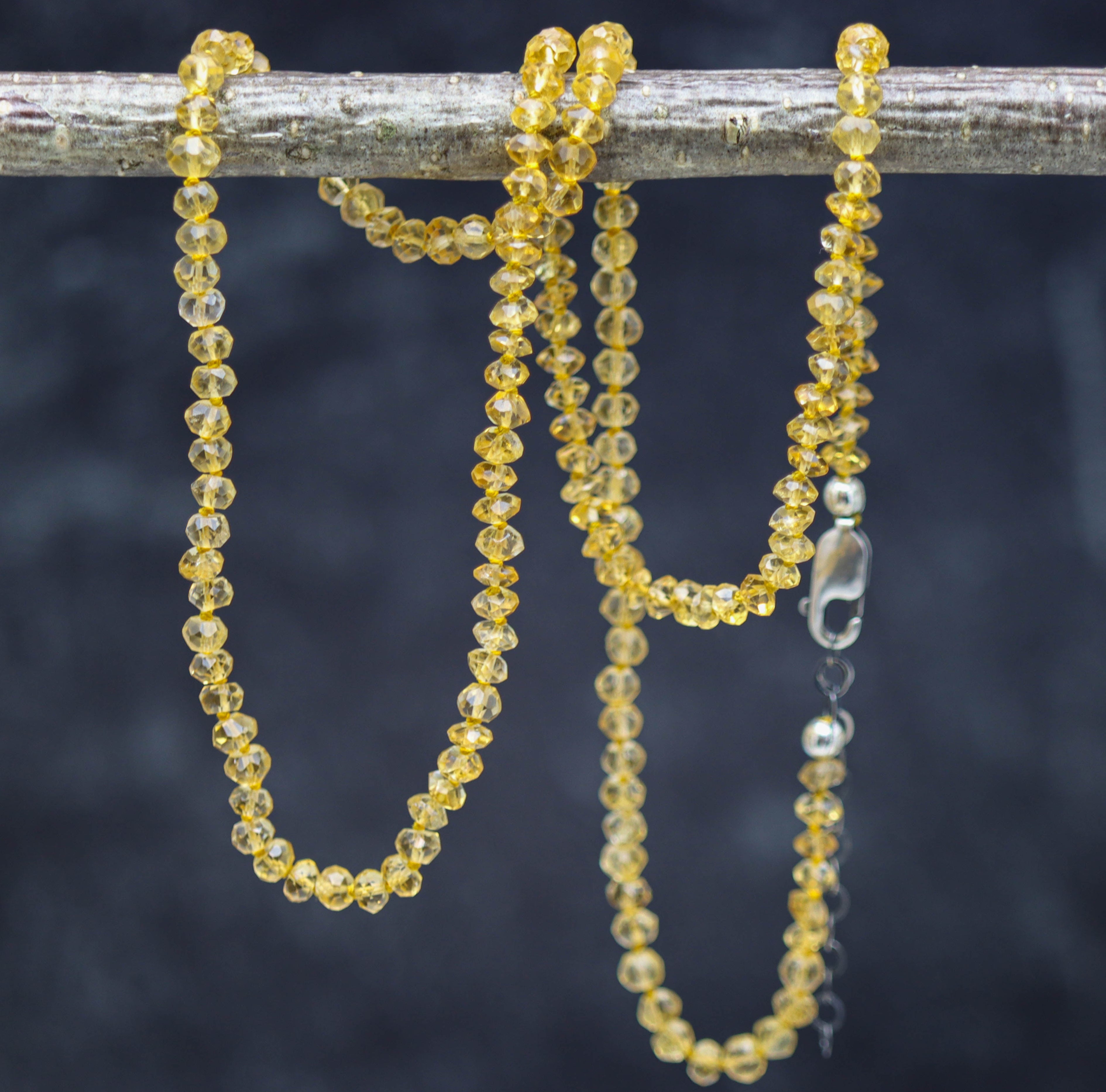 Sunny Yellow Citrine Hand Knotted Bead Necklace Sterling Silver