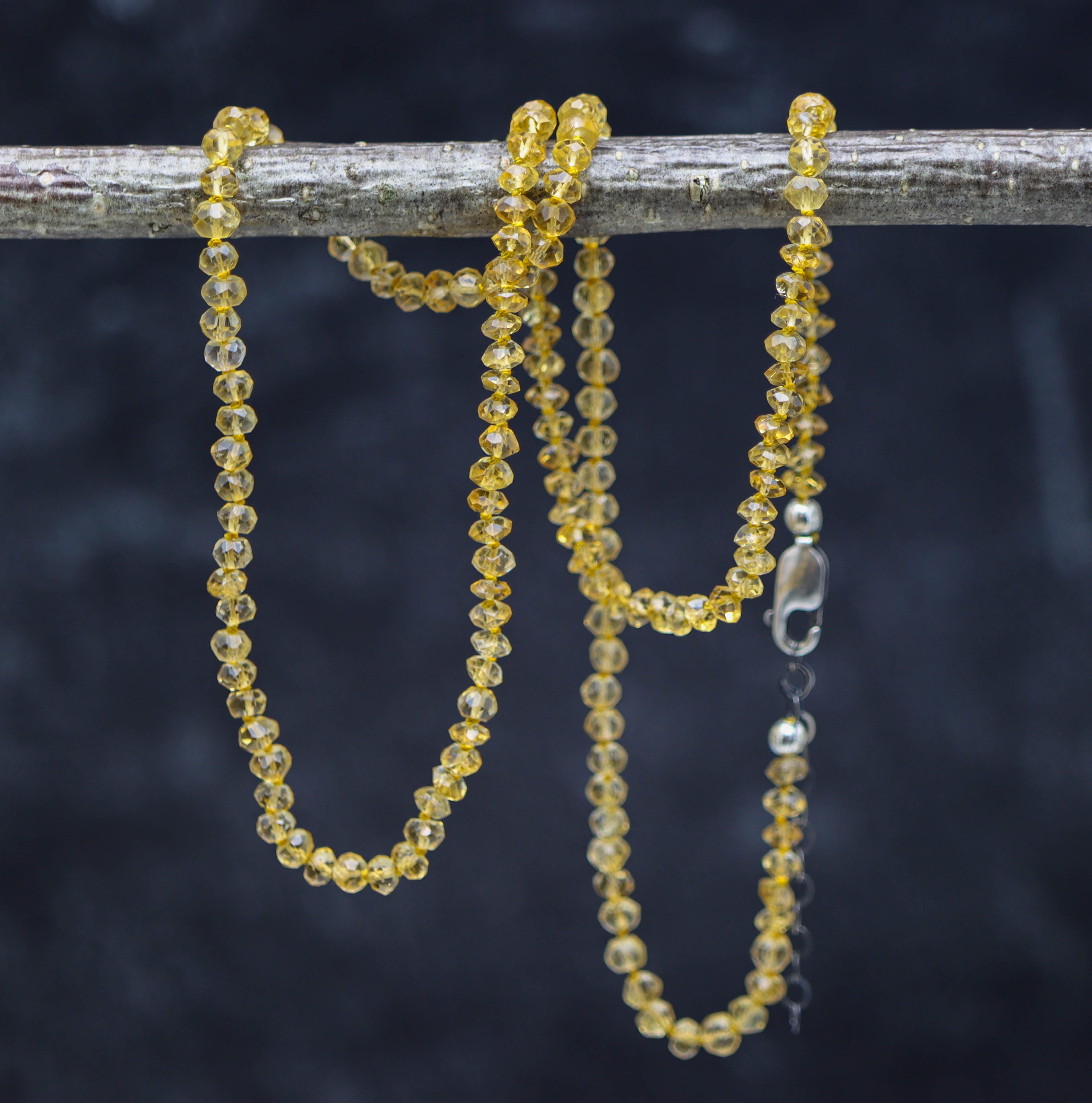 Sunny Yellow Citrine Hand Knotted Bead Necklace Sterling Silver