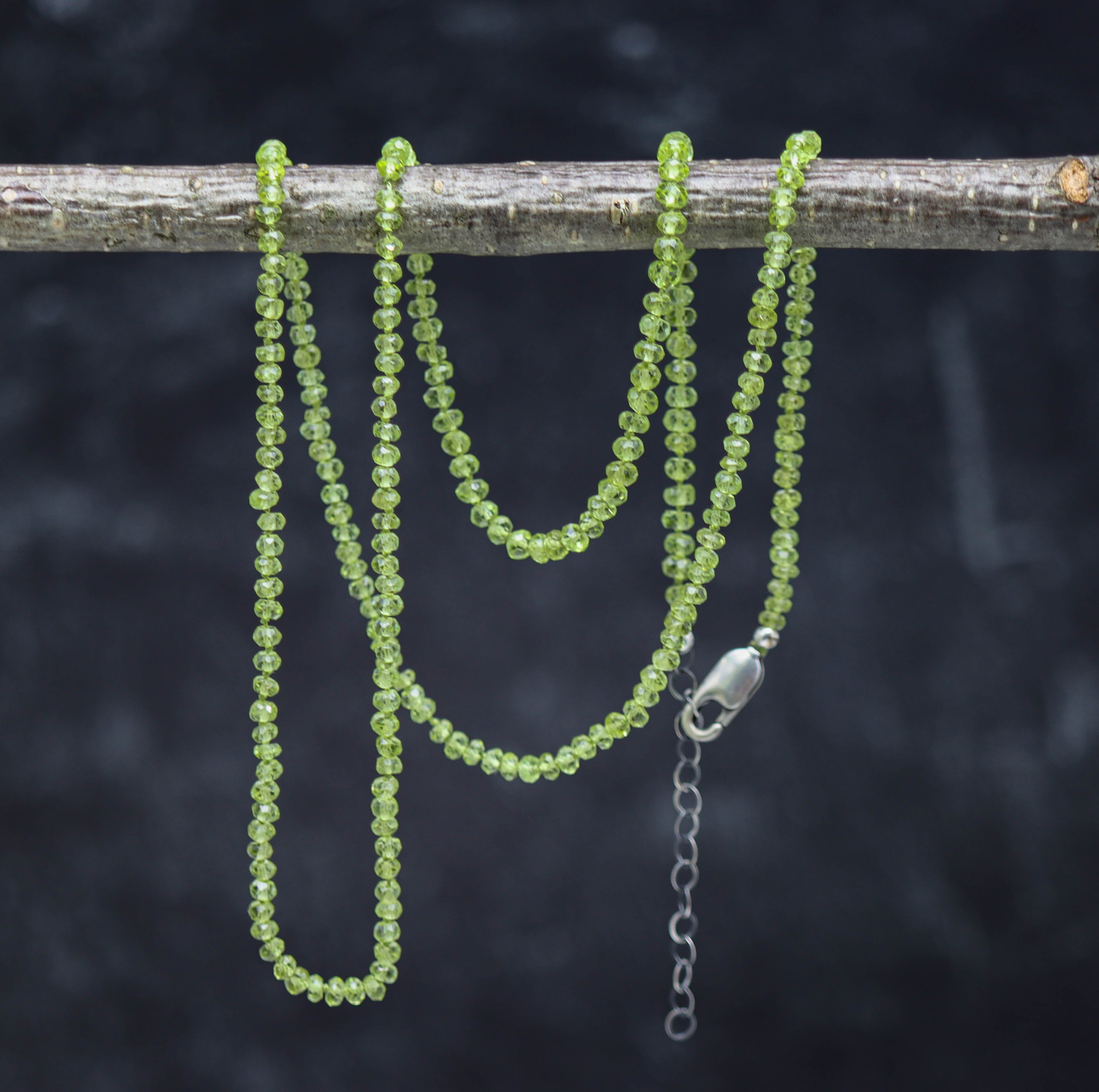 Green Peridot Hand Knotted Bead Necklace Sterling Silver