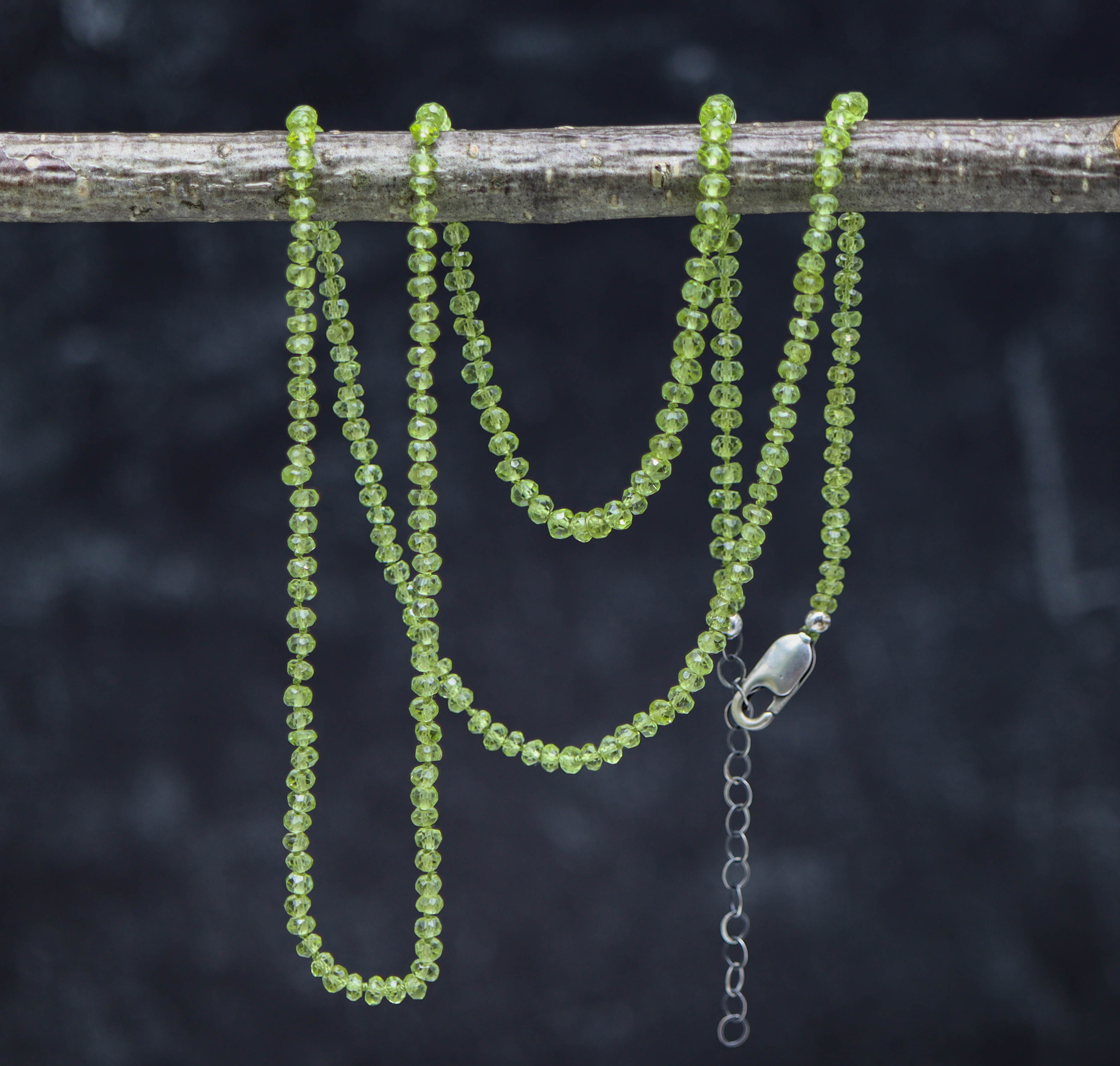 Green Peridot Hand Knotted Bead Necklace Sterling Silver