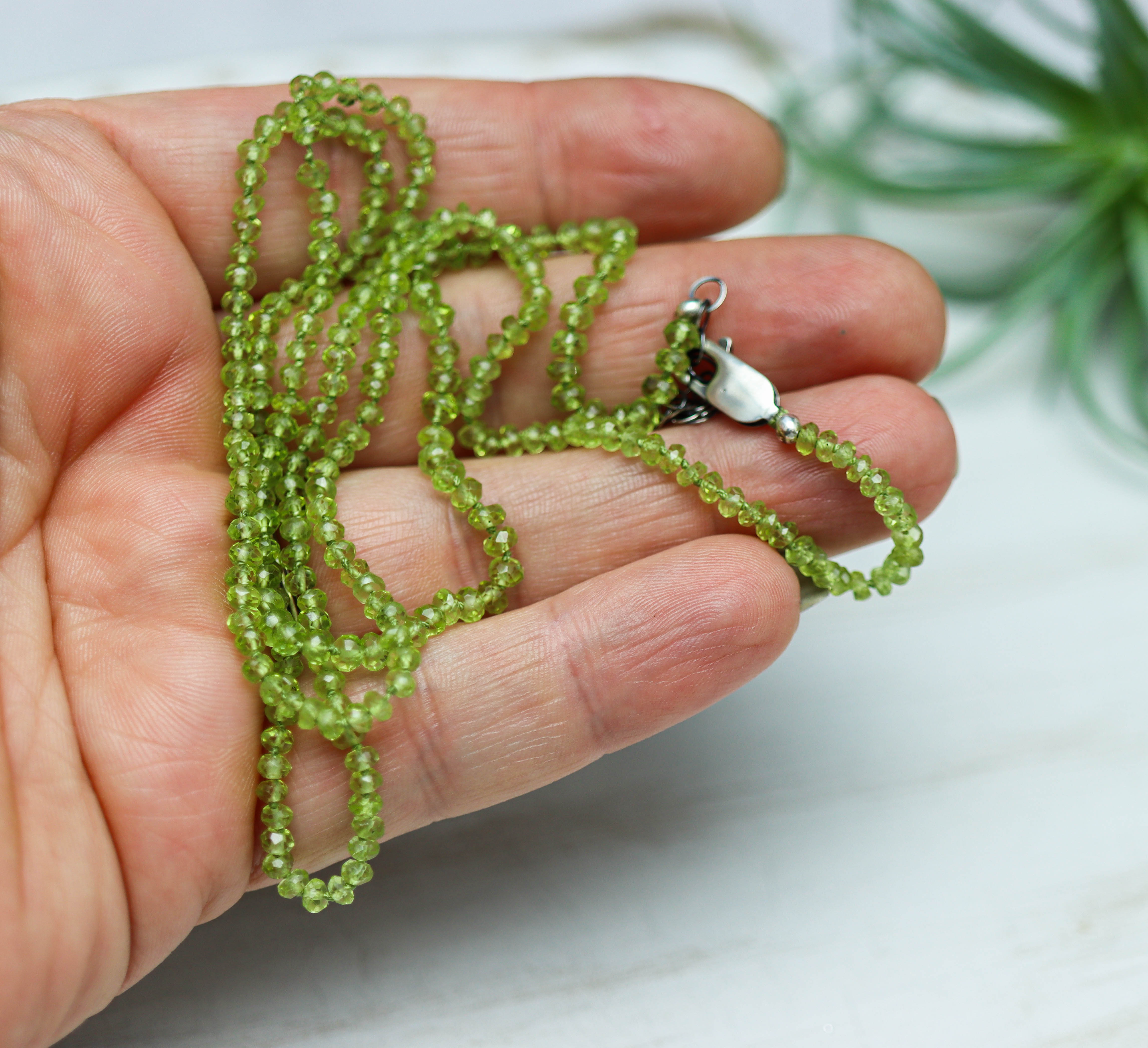 Green Peridot Hand Knotted Bead Necklace Sterling Silver