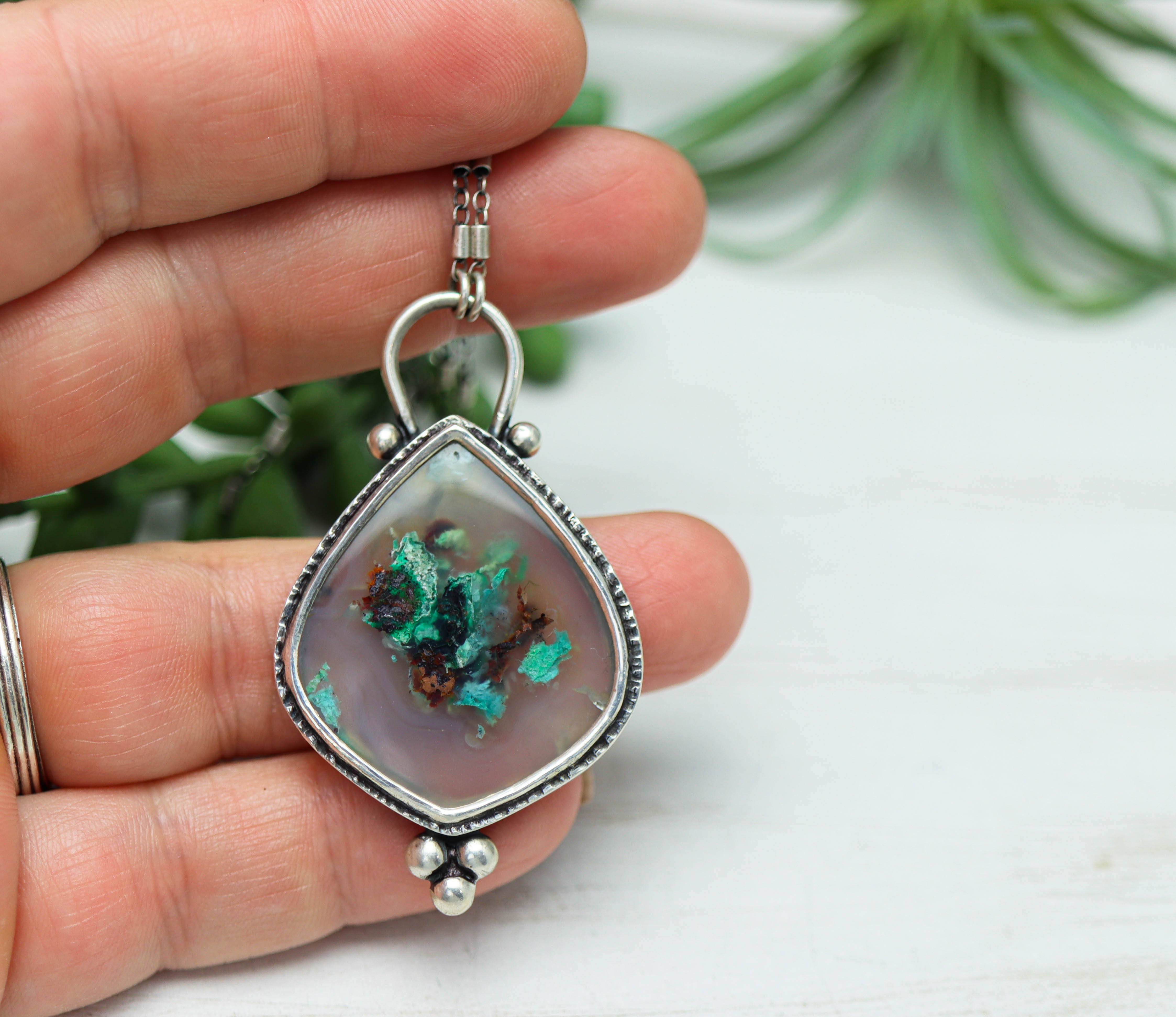 Confetti Agate Chrysocolla and Copper Pendant Sterling Silver Necklace