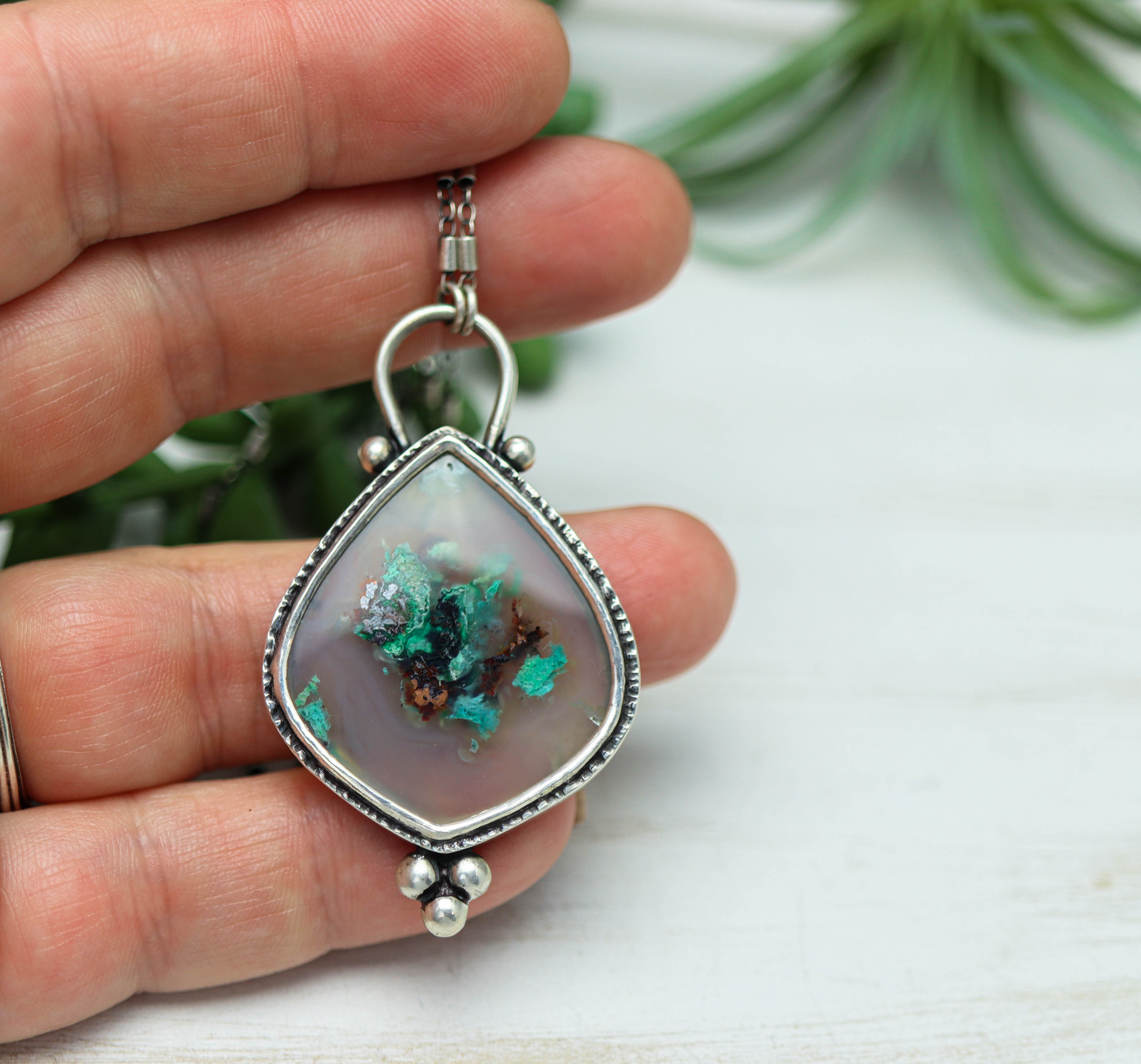 Confetti Agate Chrysocolla and Copper Pendant Sterling Silver Necklace