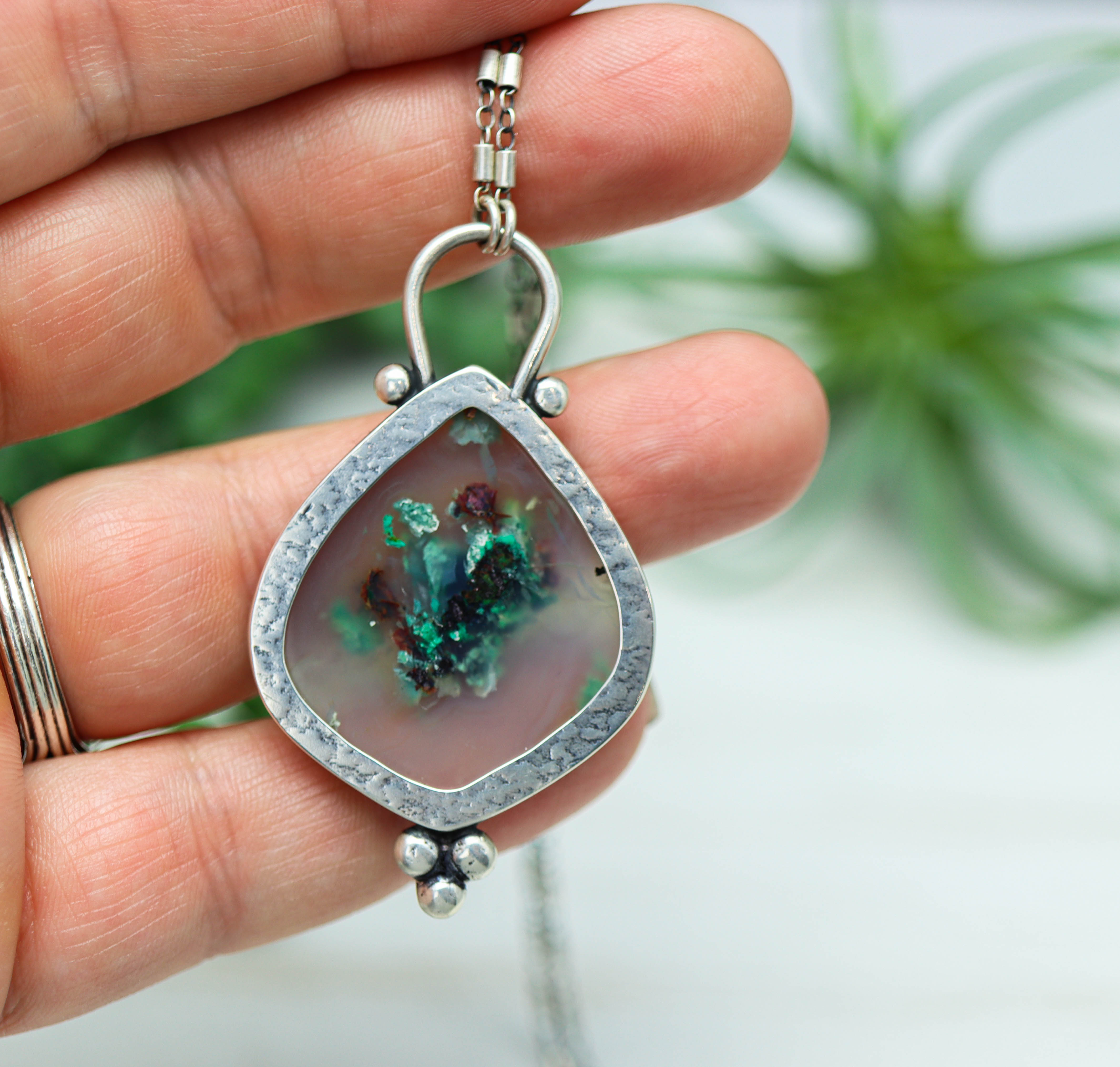 Confetti Agate Chrysocolla and Copper Pendant Sterling Silver Necklace