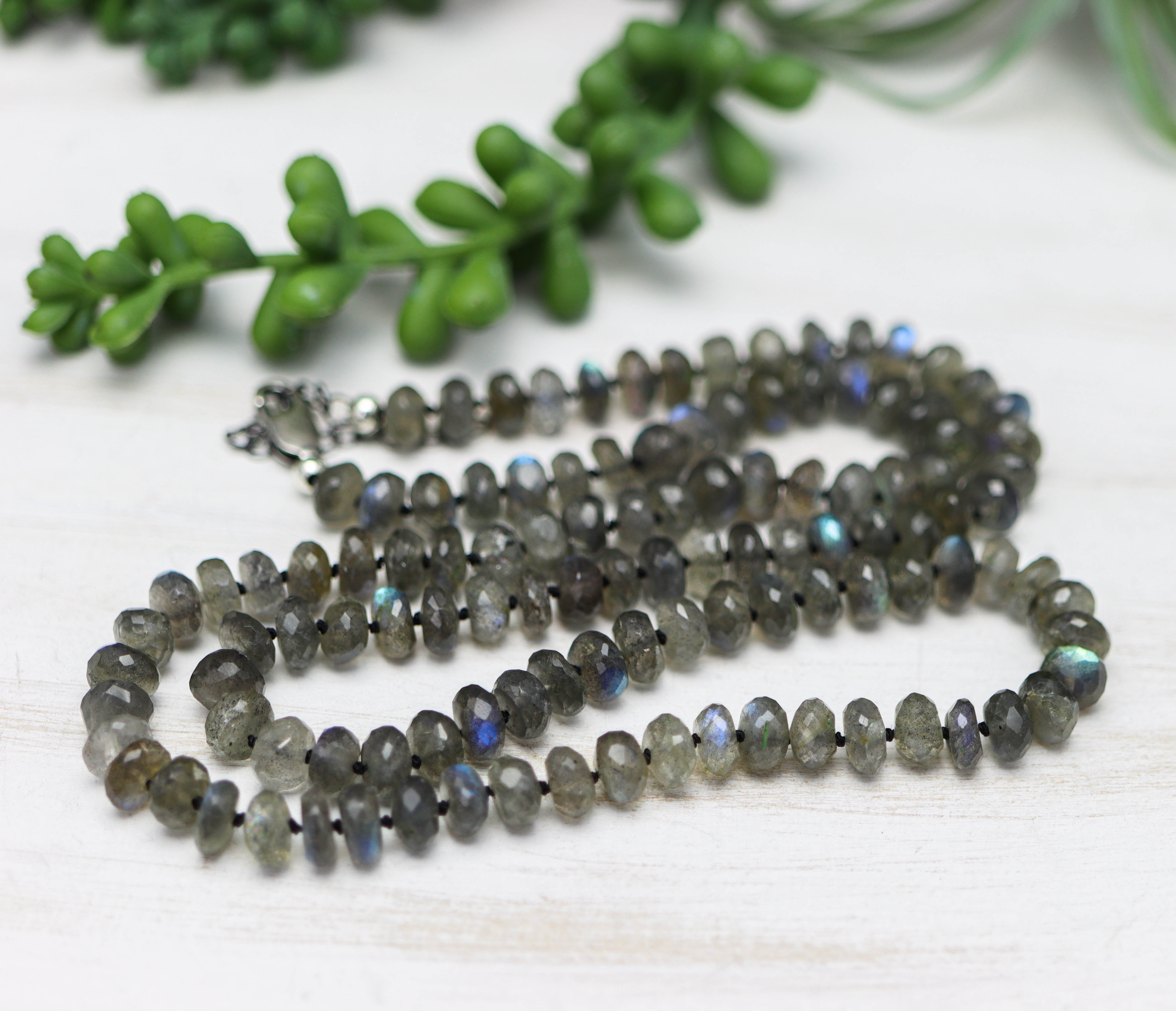 Sparkly Labradorite Hand Knotted Bead Necklace Sterling Silver