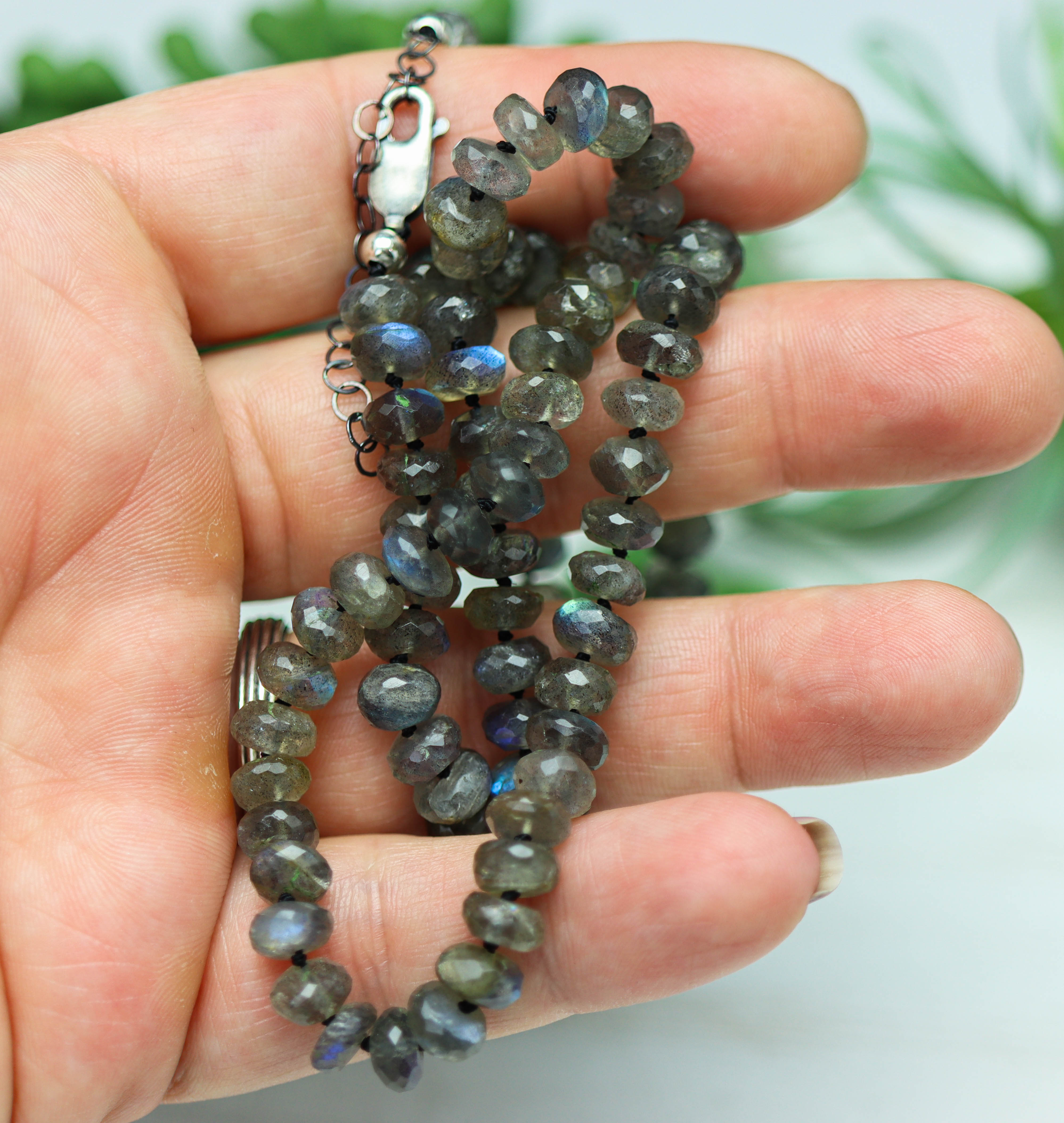 Sparkly Labradorite Hand Knotted Bead Necklace Sterling Silver