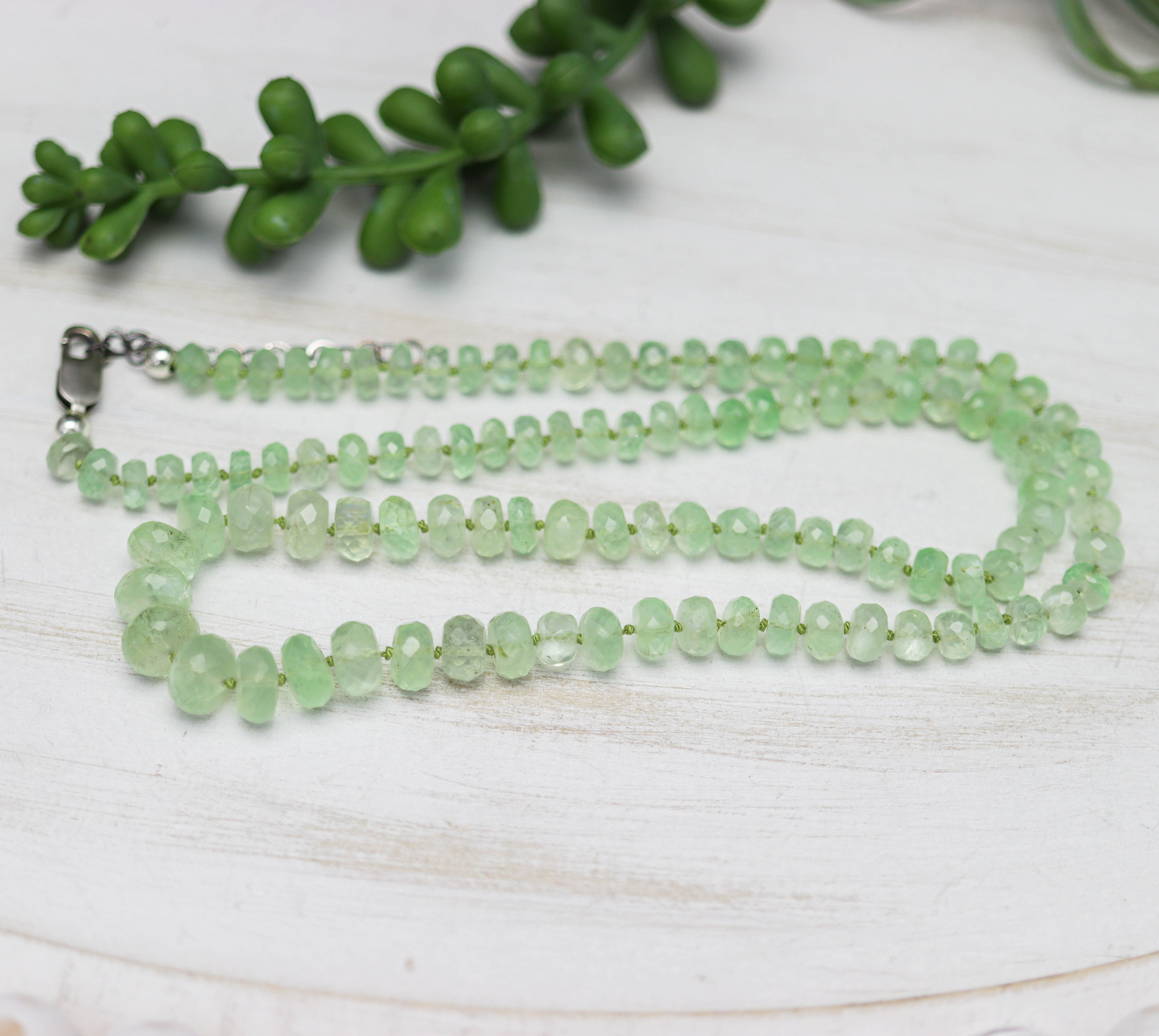 Green Aquamarine Hand Knotted Bead Necklace Sterling Silver