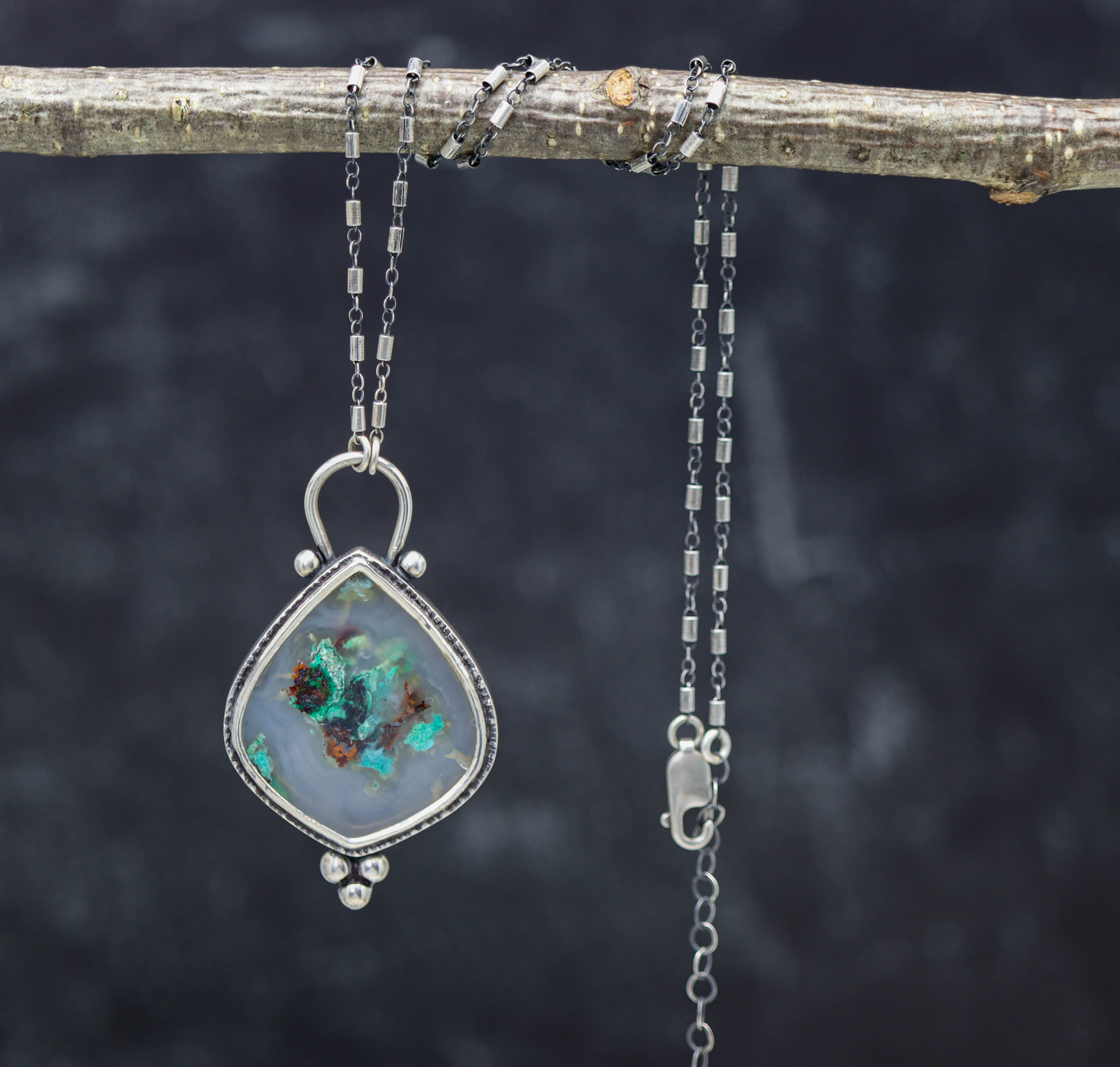 Confetti Agate Chrysocolla and Copper Pendant Sterling Silver Necklace