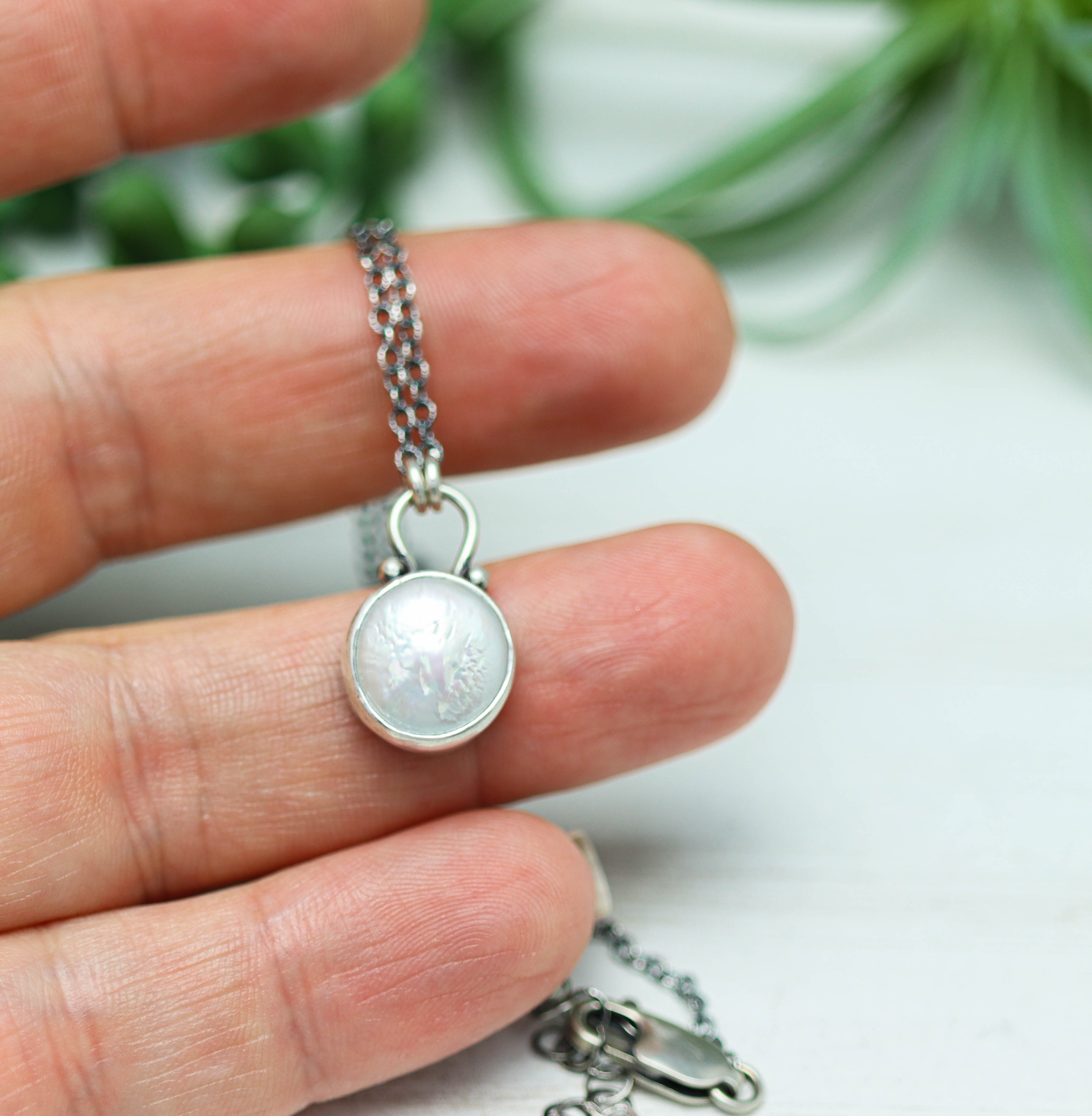 White Pearl Pendant Necklace Sterling Silver