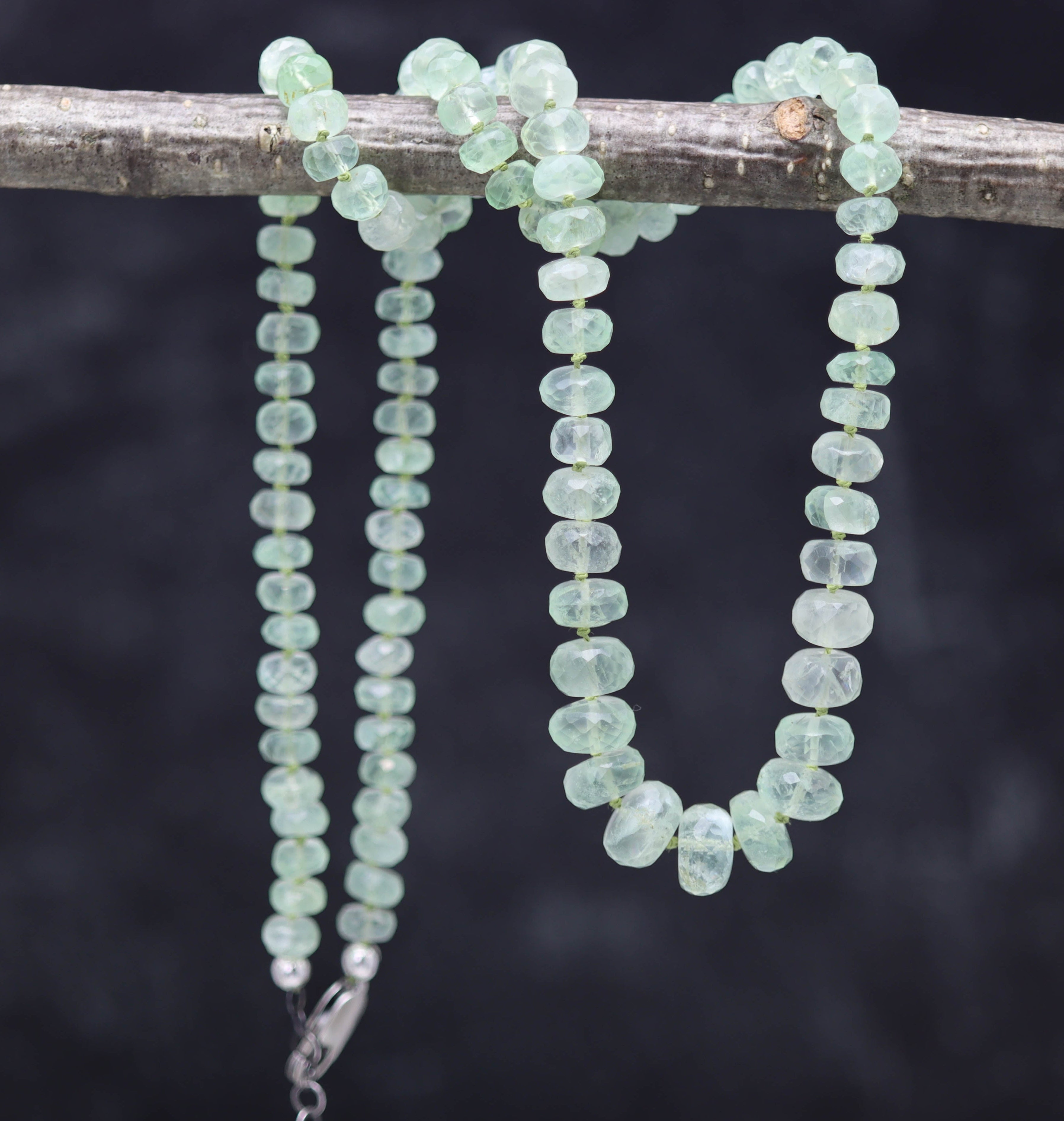 Green Aquamarine Hand Knotted Bead Necklace Sterling Silver