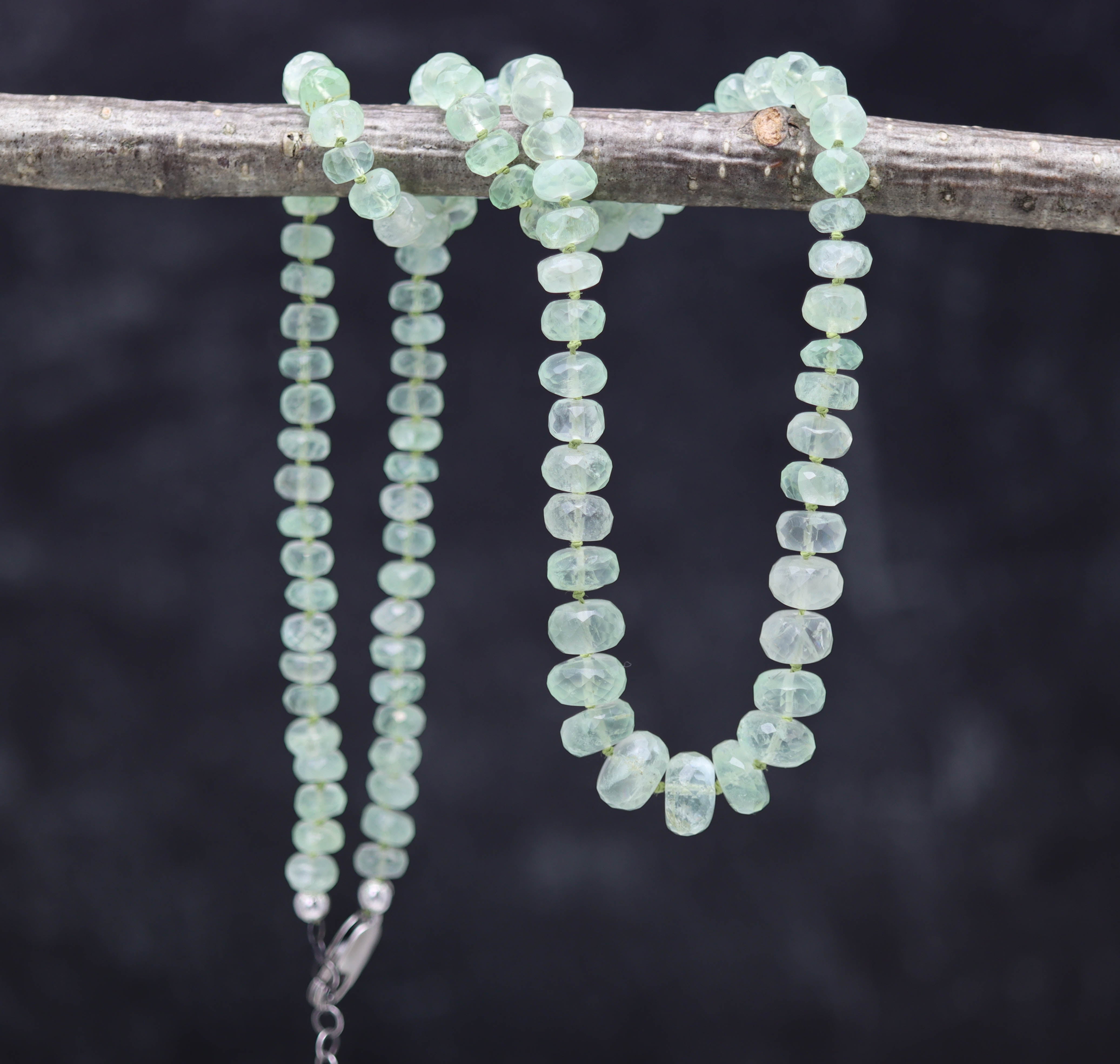 Green Aquamarine Hand Knotted Bead Necklace Sterling Silver