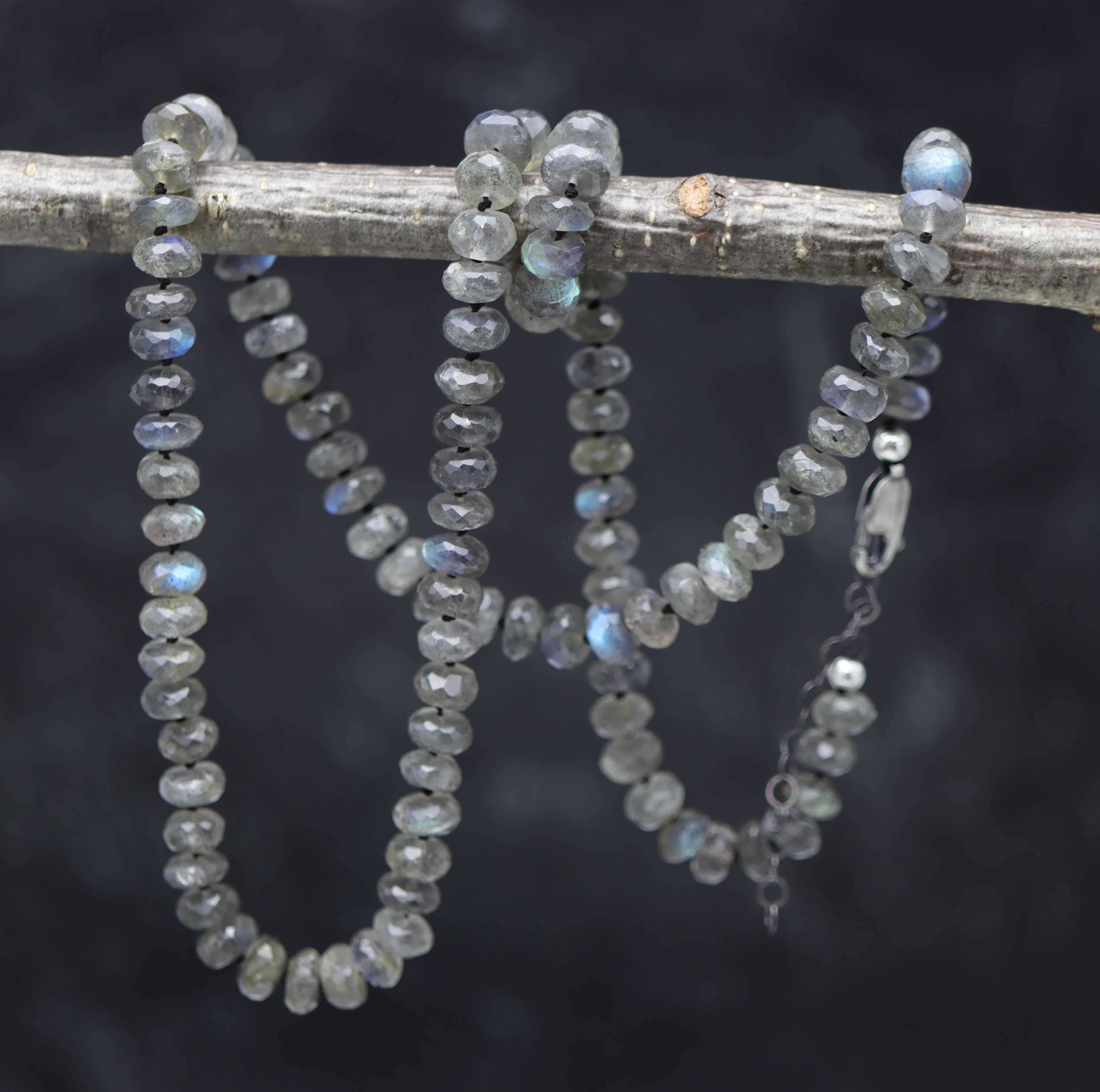 Sparkly Labradorite Hand Knotted Bead Necklace Sterling Silver