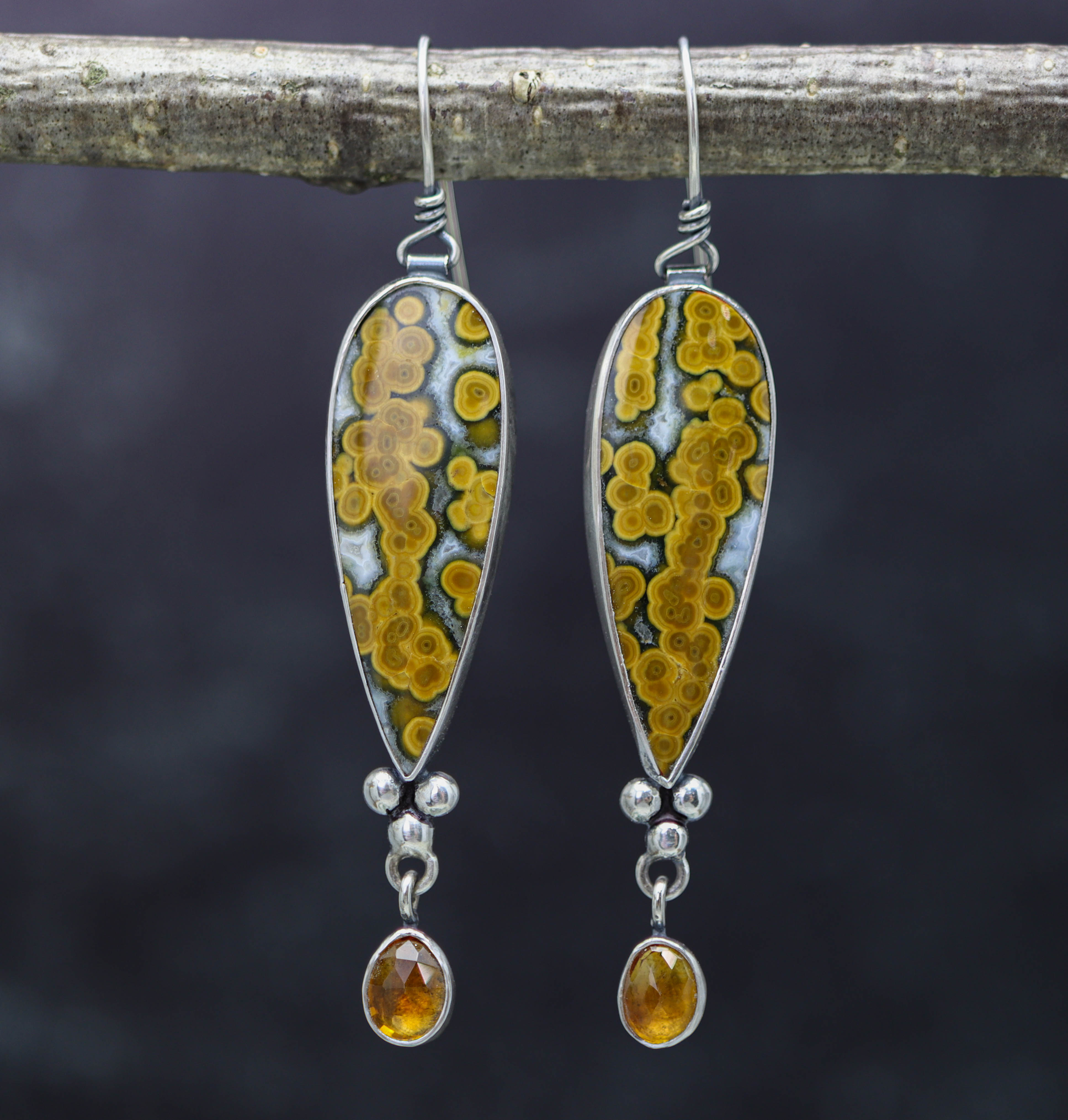 Orbicular Jasper and Citrine Dangle Earrings Sterling Silver