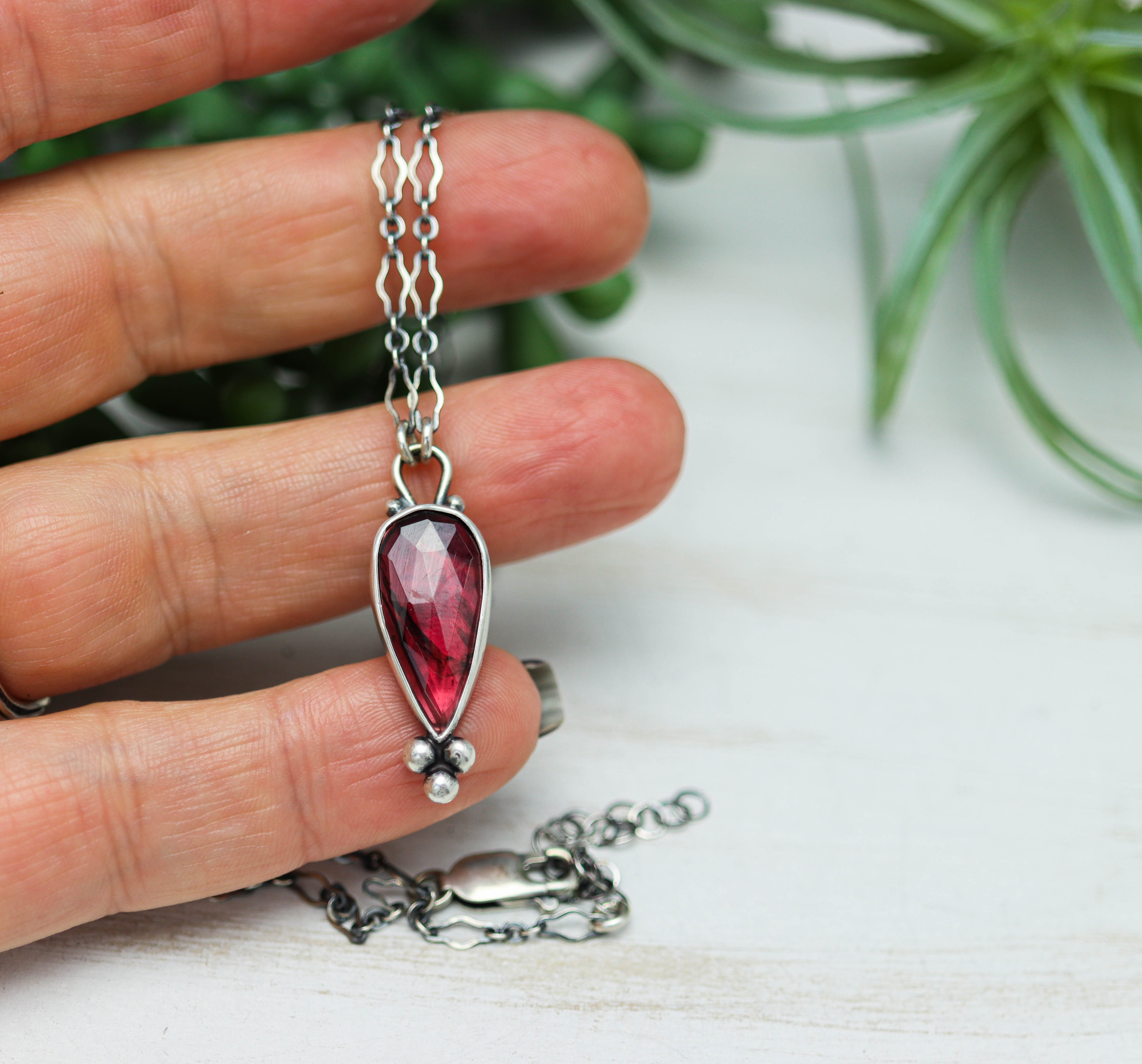 Garnet Pendant Necklace Sterling Silver