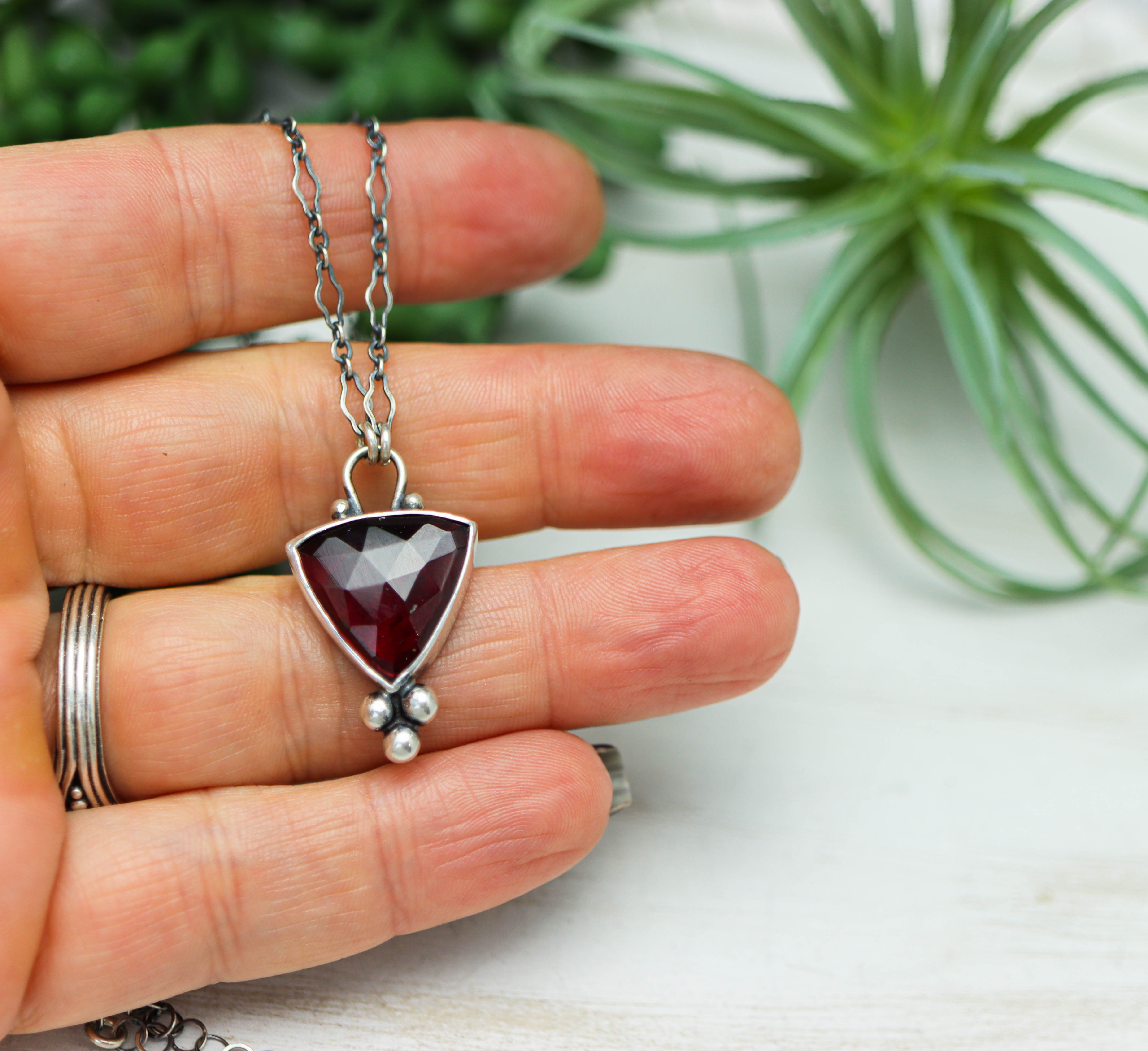 Garnet Pendant Necklace Sterling Silver