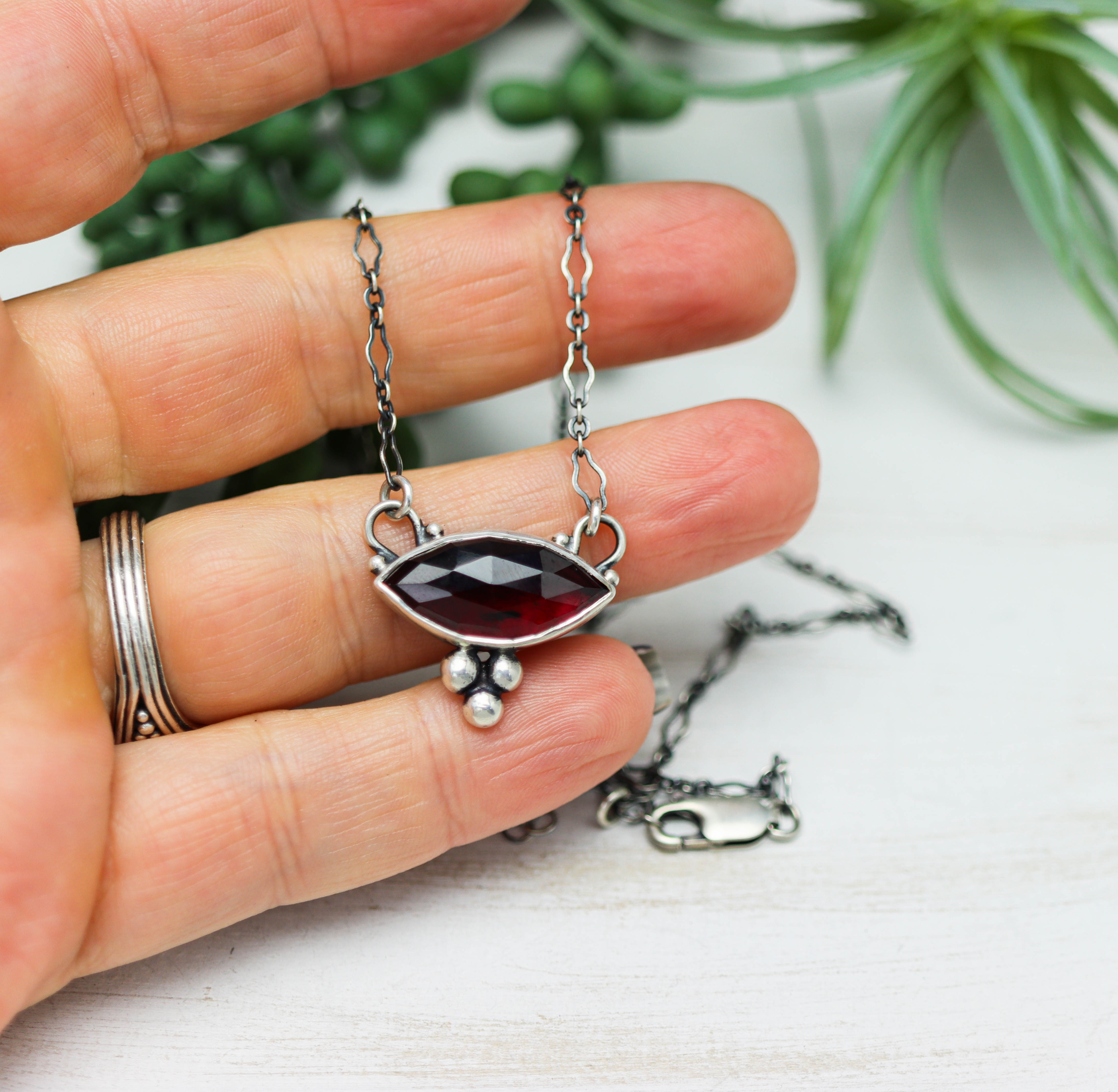 Garnet Pendant Necklace Sterling Silver