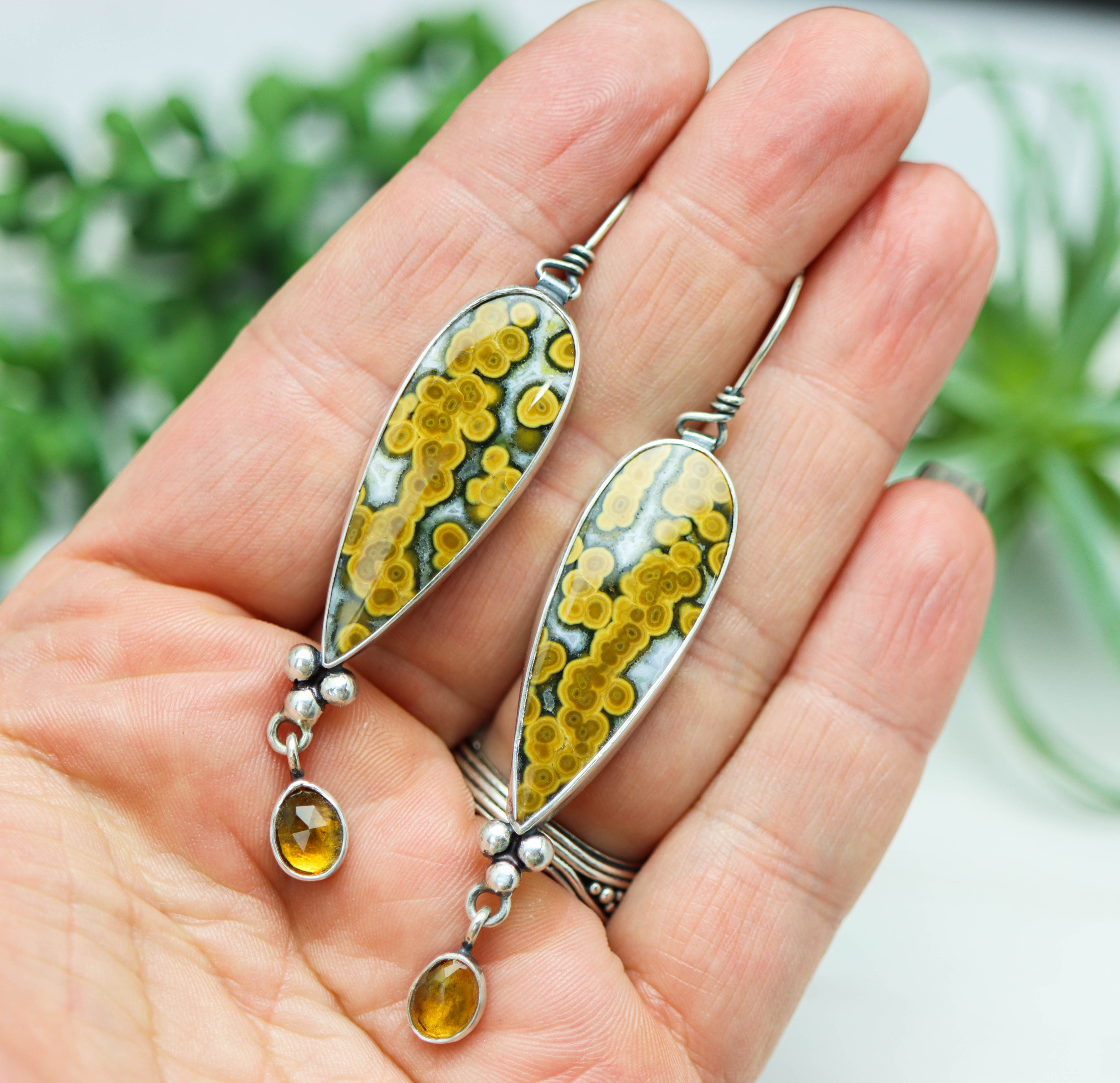 Orbicular Jasper and Citrine Dangle Earrings Sterling Silver