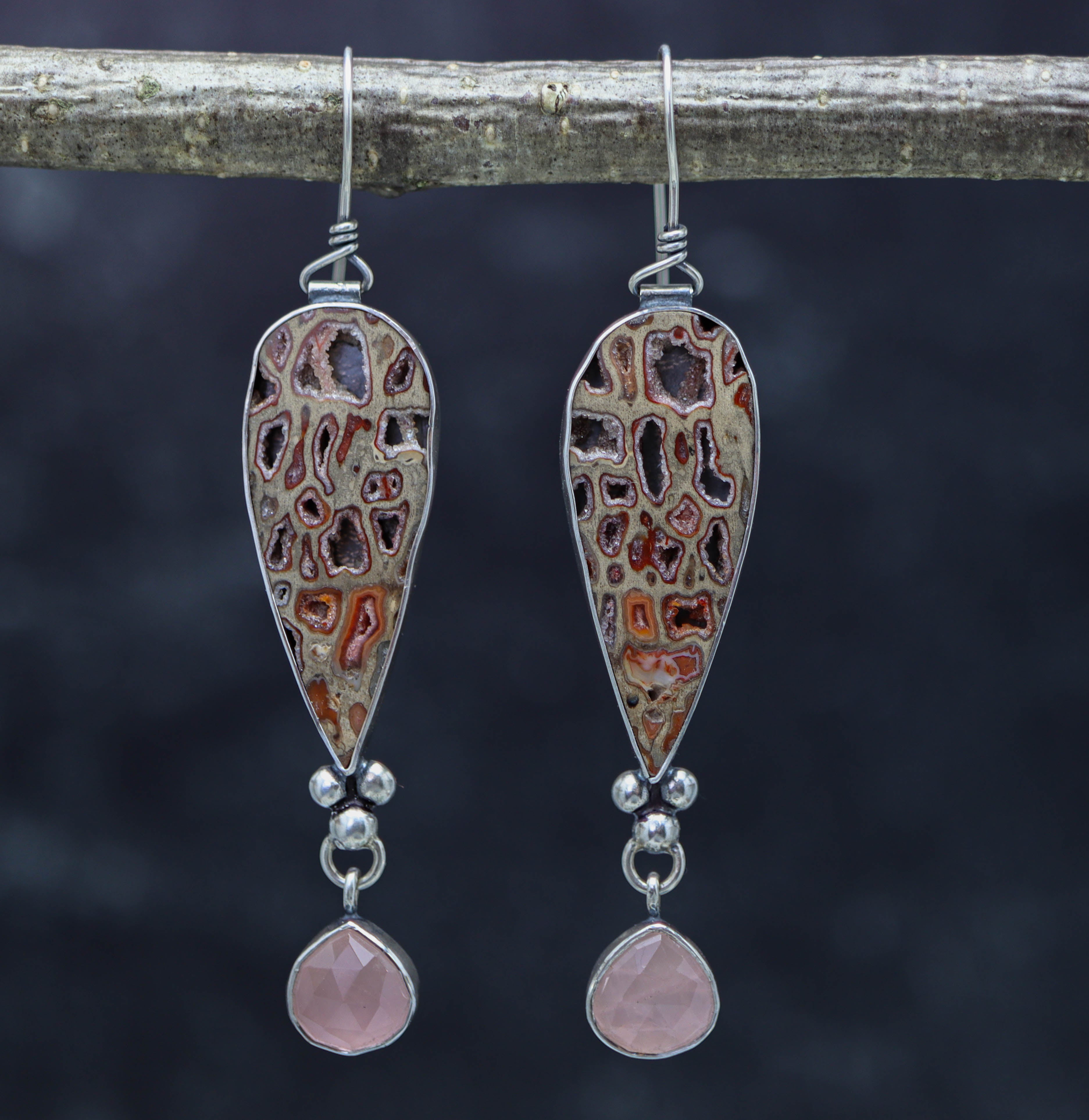 Petrified Wood and Rose Quartz Dangle Earrings Sterling Silver