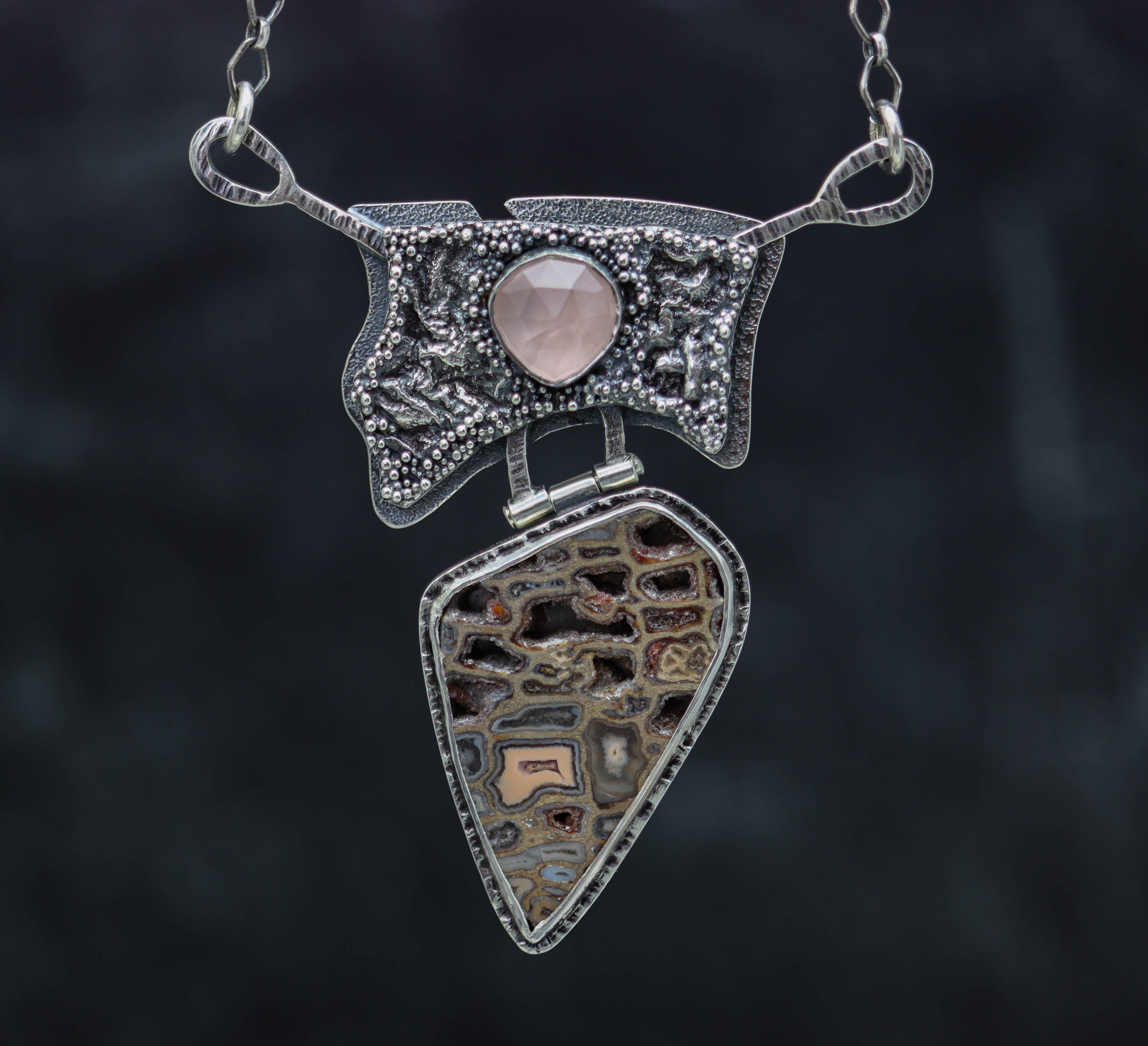 Petrified Wood and Rose Quartz Puzzle Clasp Necklace Sterling Silver