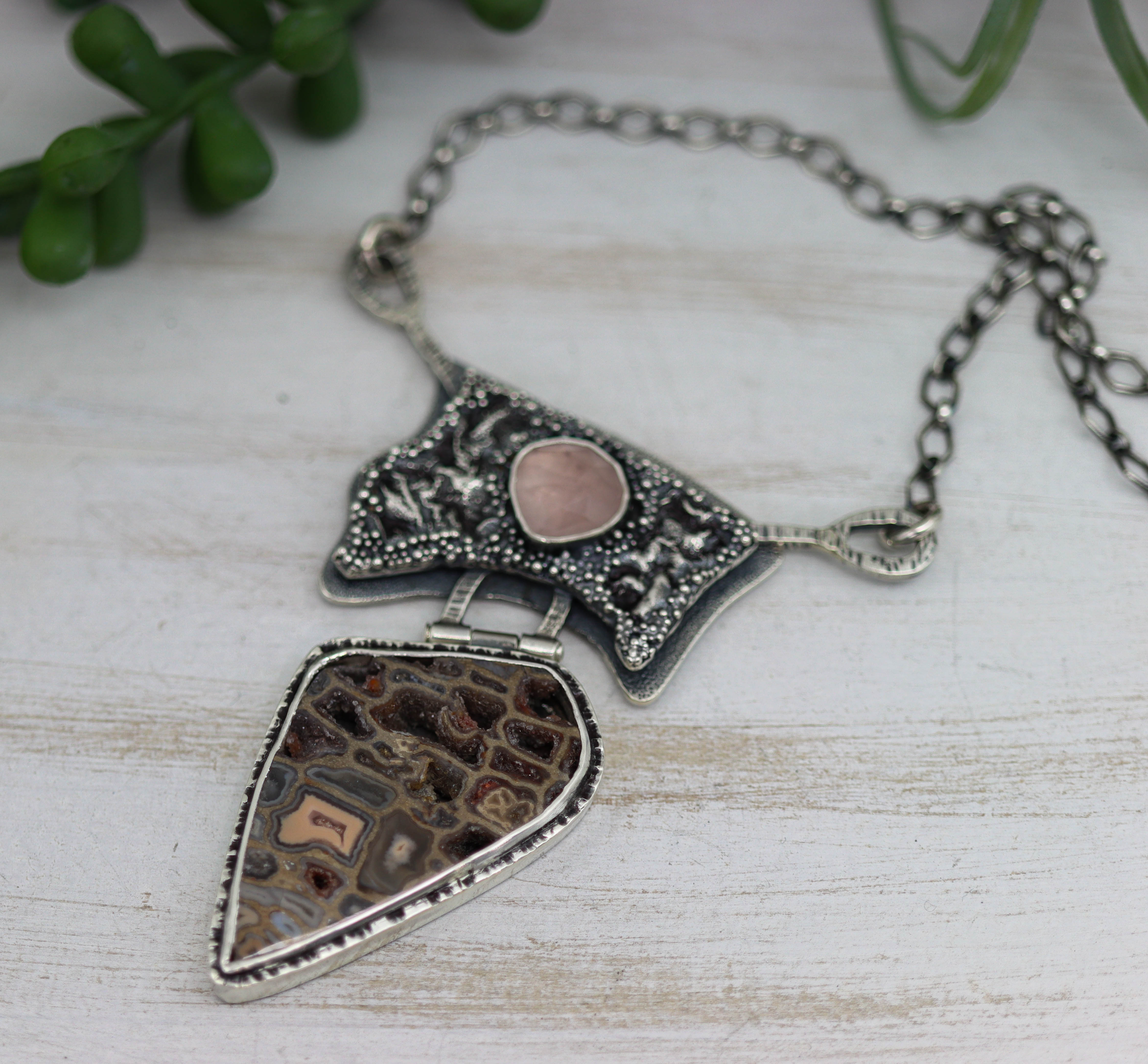 Petrified Wood and Rose Quartz Puzzle Clasp Necklace Sterling Silver