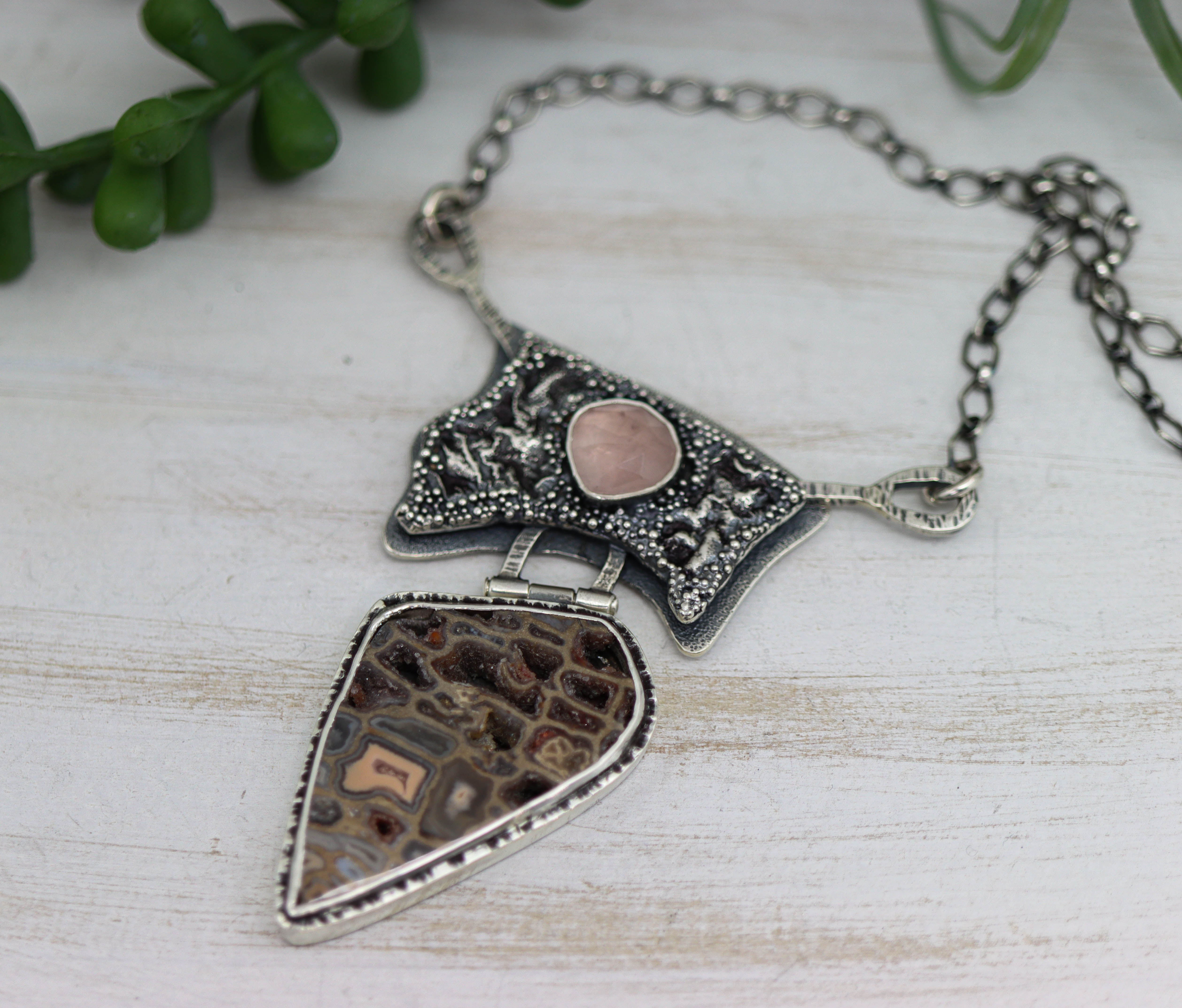 Petrified Wood and Rose Quartz Puzzle Clasp Necklace Sterling Silver