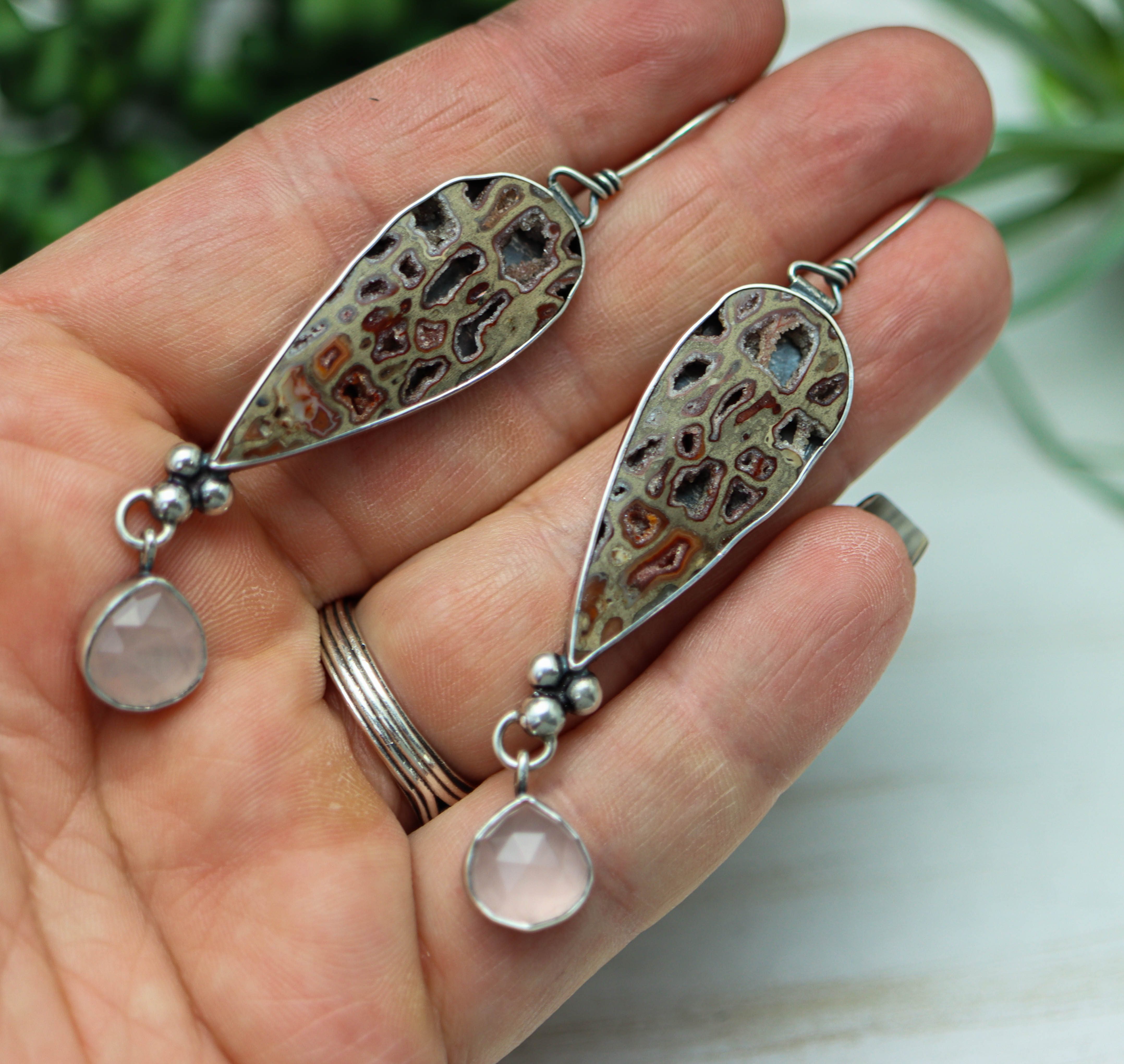 Petrified Wood and Rose Quartz Dangle Earrings Sterling Silver