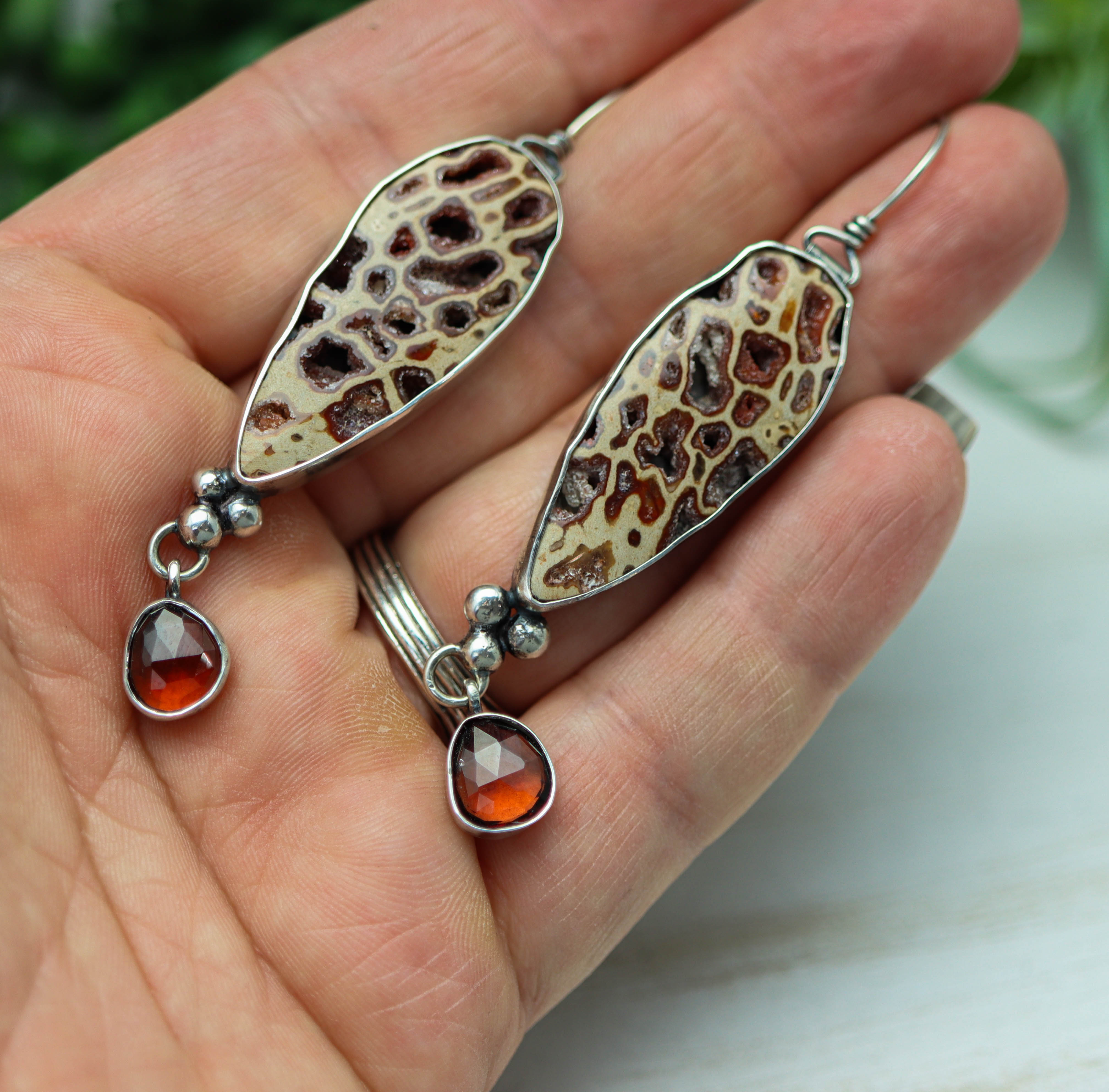 Petrified Wood and Garnet Dangle Earrings Sterling Silver