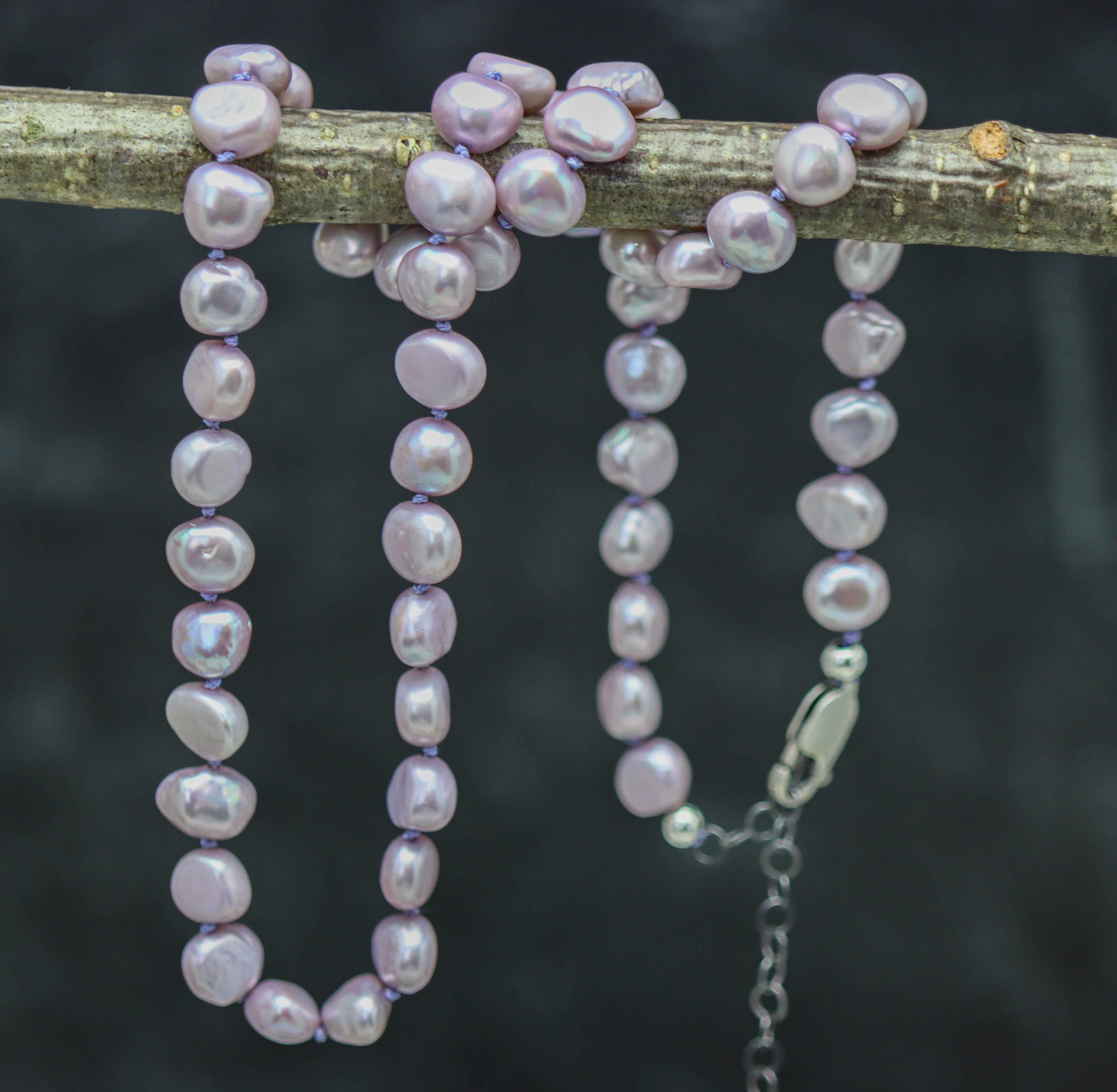Purple Freshwater Pearl Hand Knotted Bead Necklace Sterling Silver
