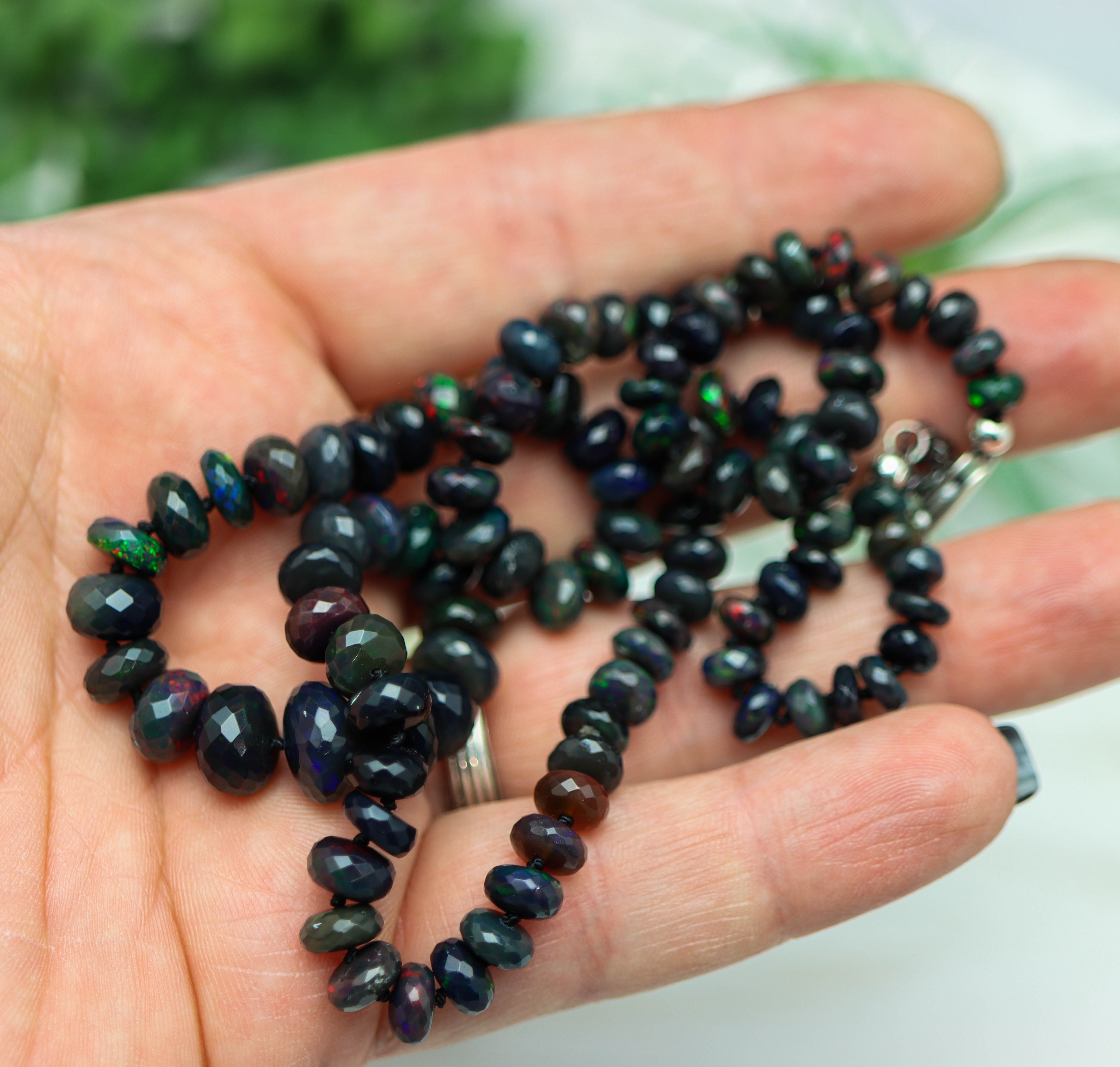 Black Opal Hand Knotted Bead Necklace Sterling Silver