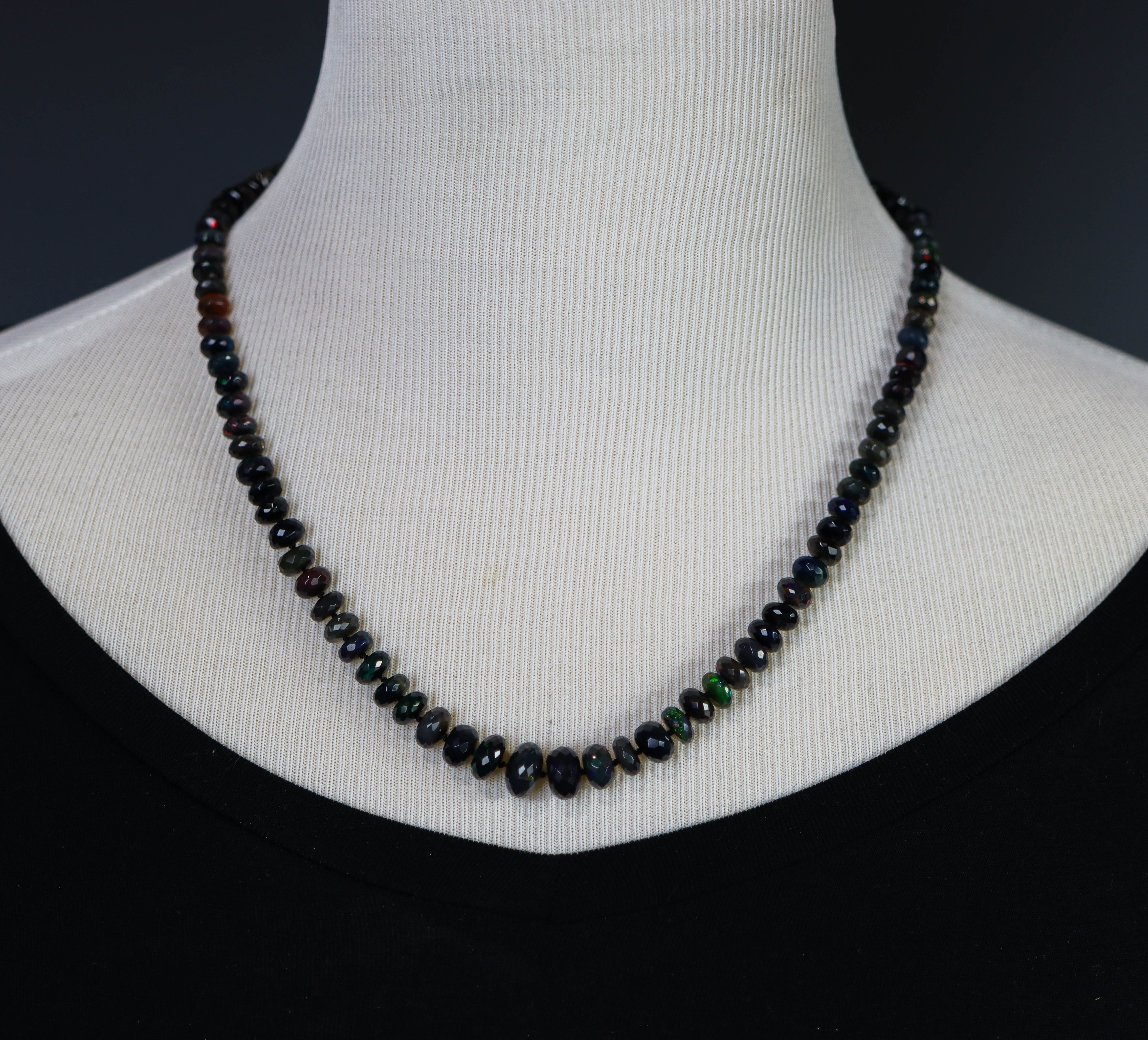 Black Opal Hand Knotted Bead Necklace Sterling Silver